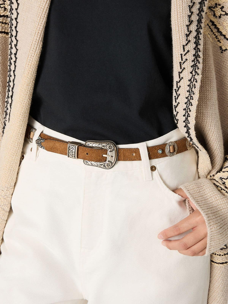 Golden Goose Thin Lace belt in hazelnut-colored nabuk with decorative inlays outlook