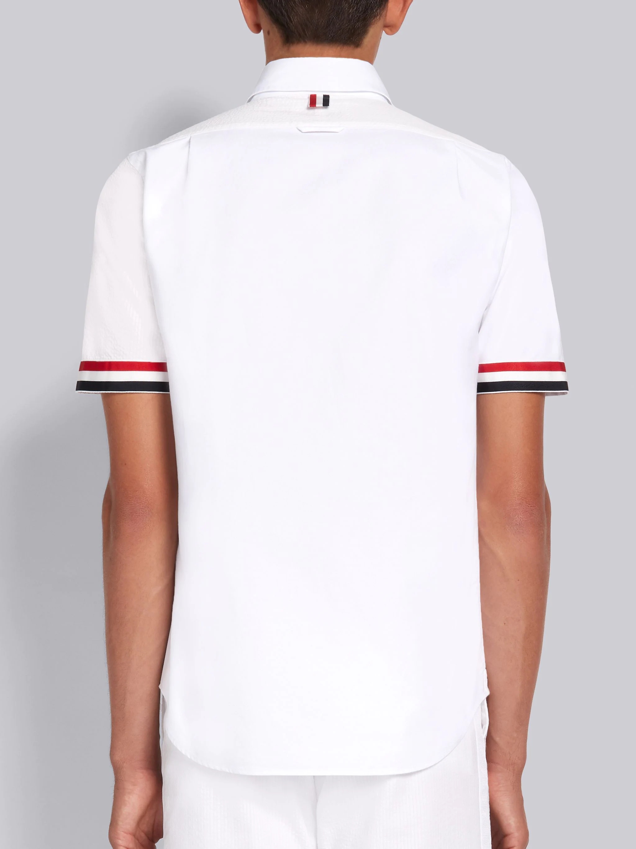 White Fun-Mix Cotton Seersucker Grosgrain Cuff Straight Fit Short Sleeve Shirt - 4