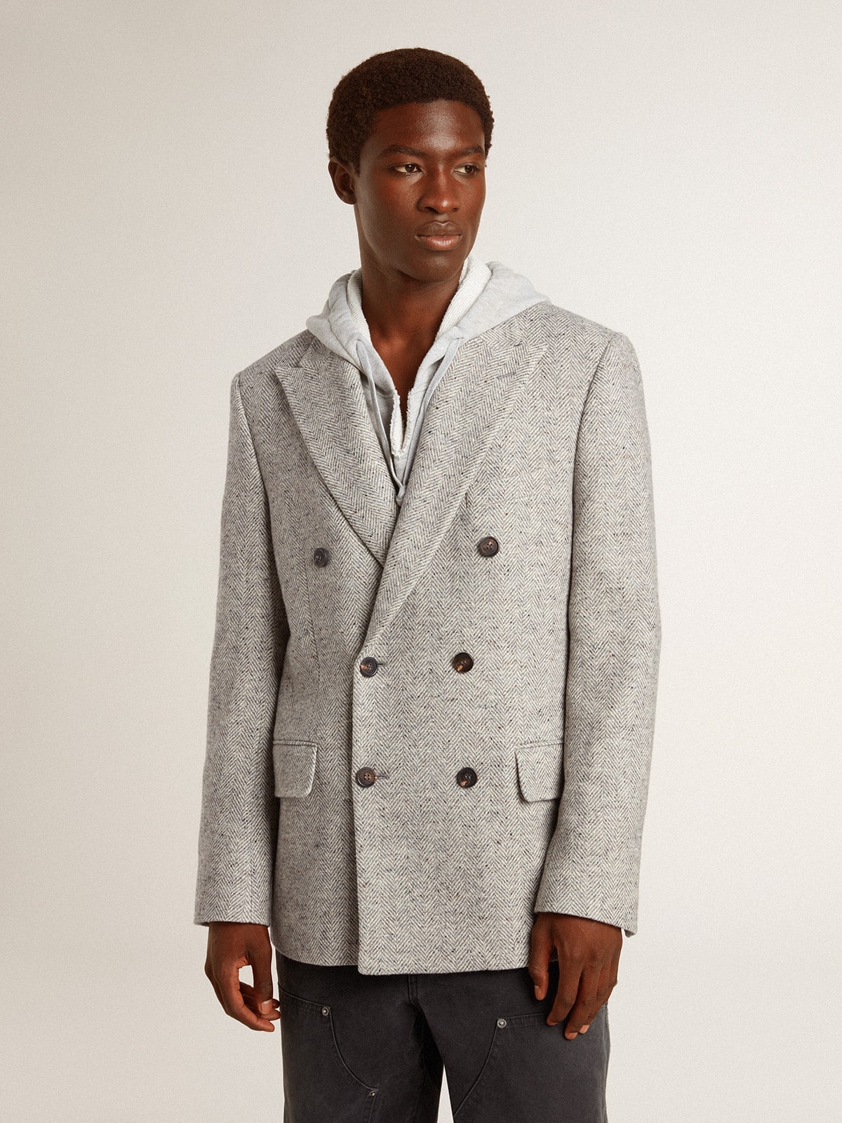 Men's double-breasted jacket in gray silk and chevron wool - 2