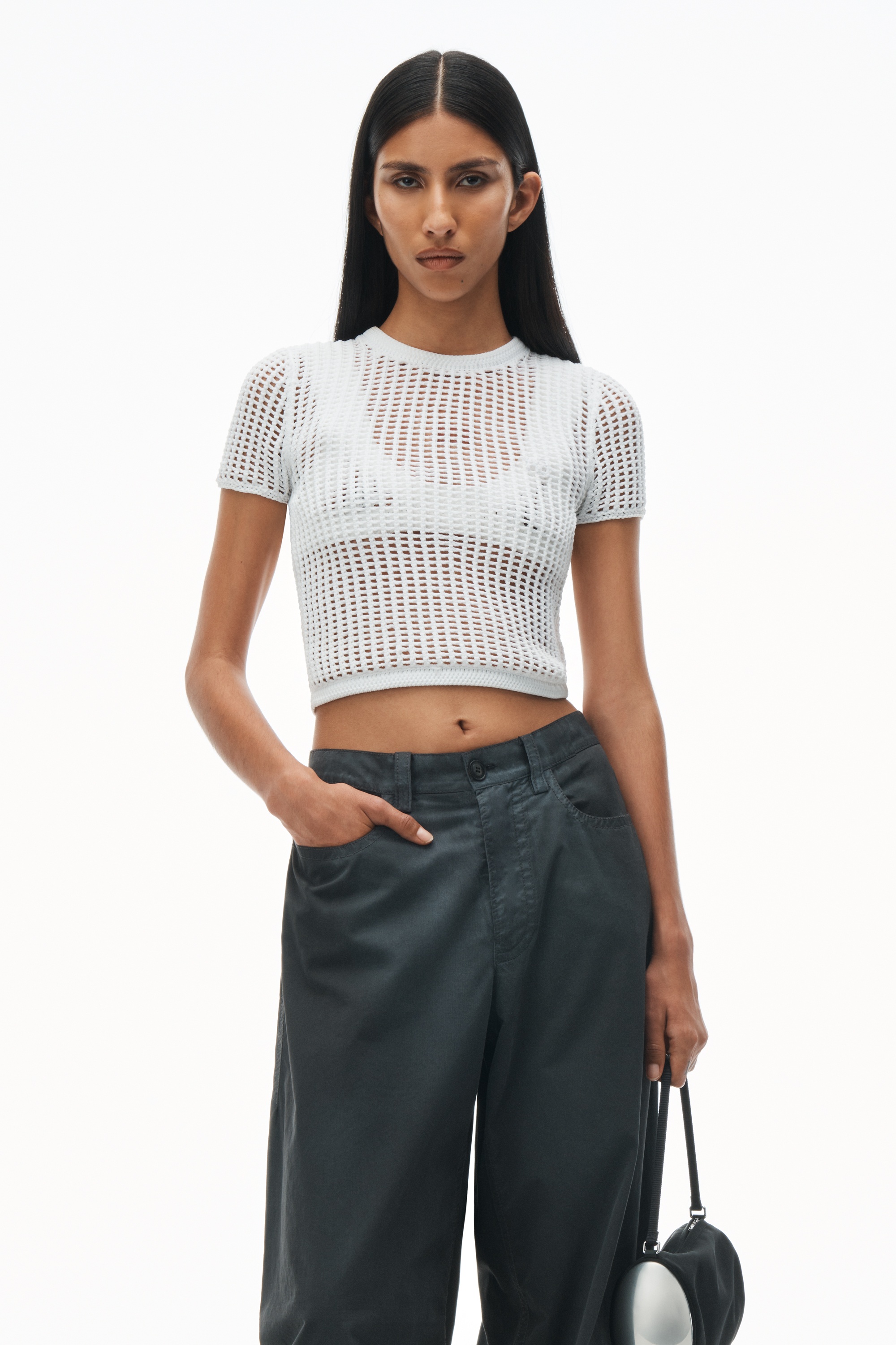 Crochet Cropped Crewneck Tee with Logo - 2