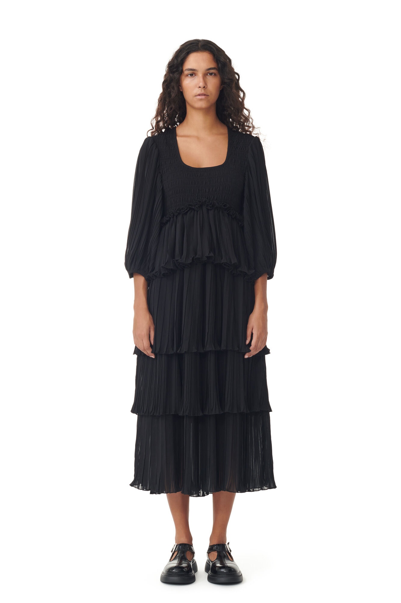 BLACK PLEATED GEORGETTE FLOUNCE SMOCK MIDI DRESS - 4