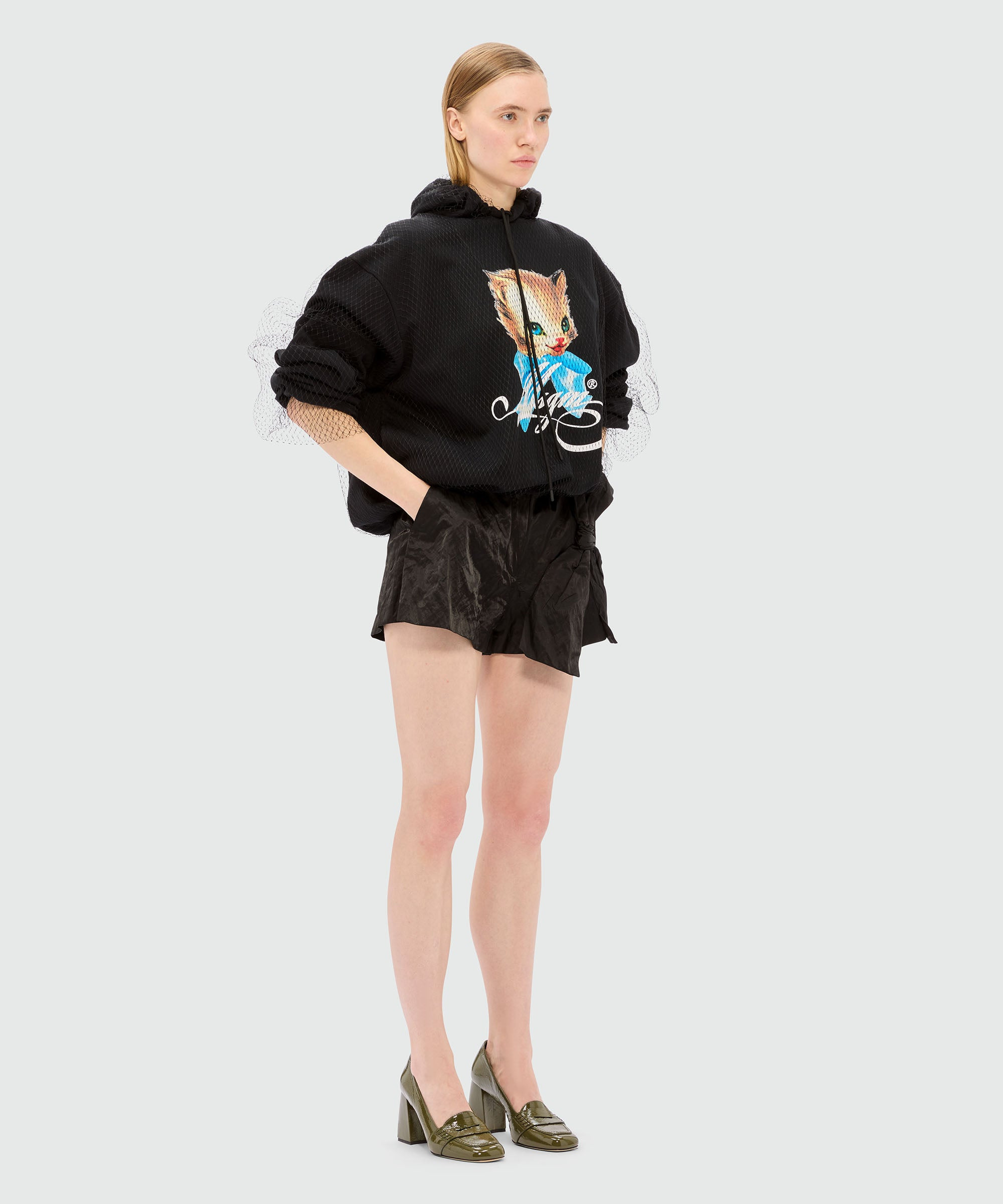 Black jersey sweatshirt with tulle and "Cute Kitty" print - 4