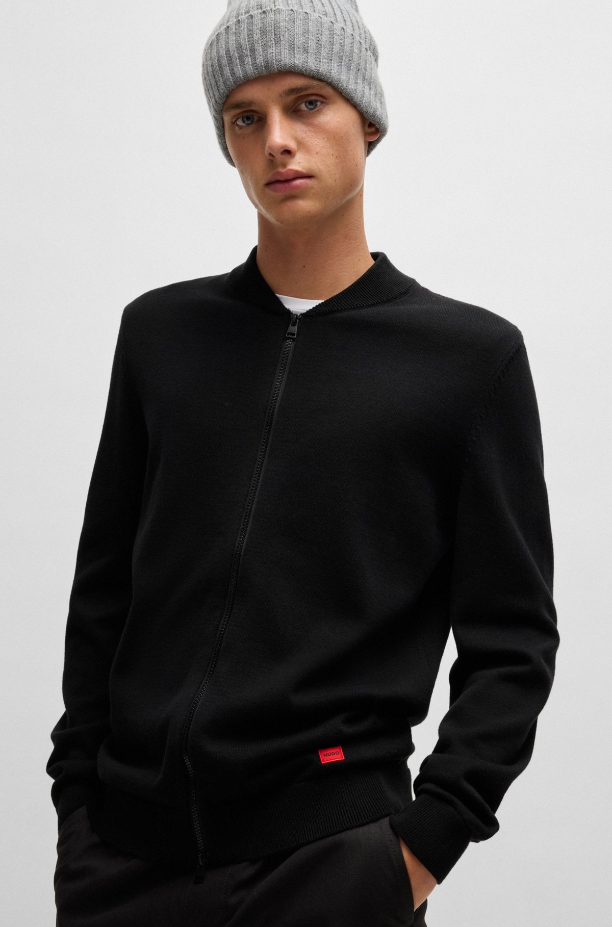 KNITTED-COTTON BOMBER-STYLE CARDIGAN WITH RED LOGO LABEL - 3