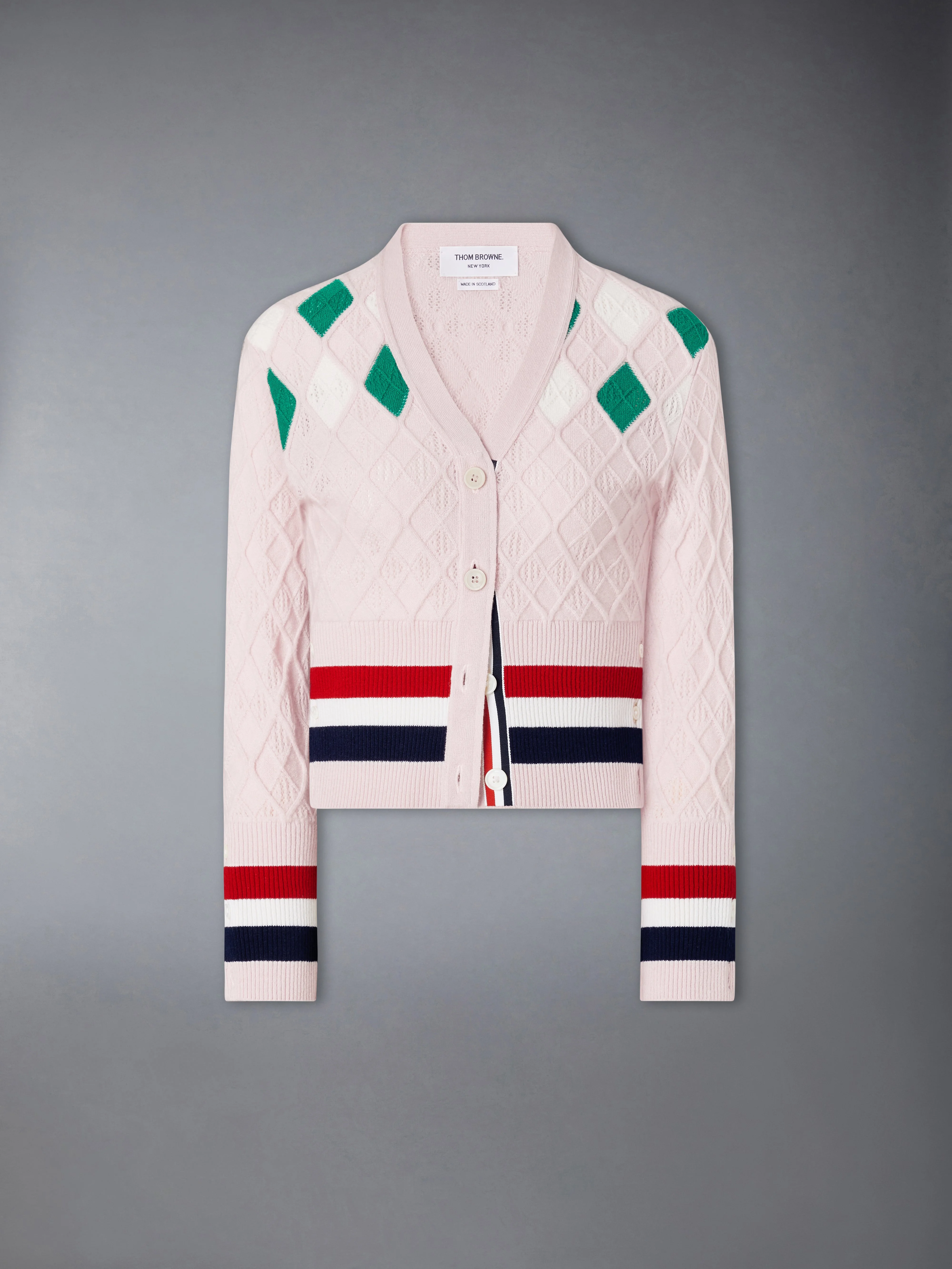 CASHMERE INTARSIA ARGYLE POINTELLE SHRUNKEN CARDIGAN - 1