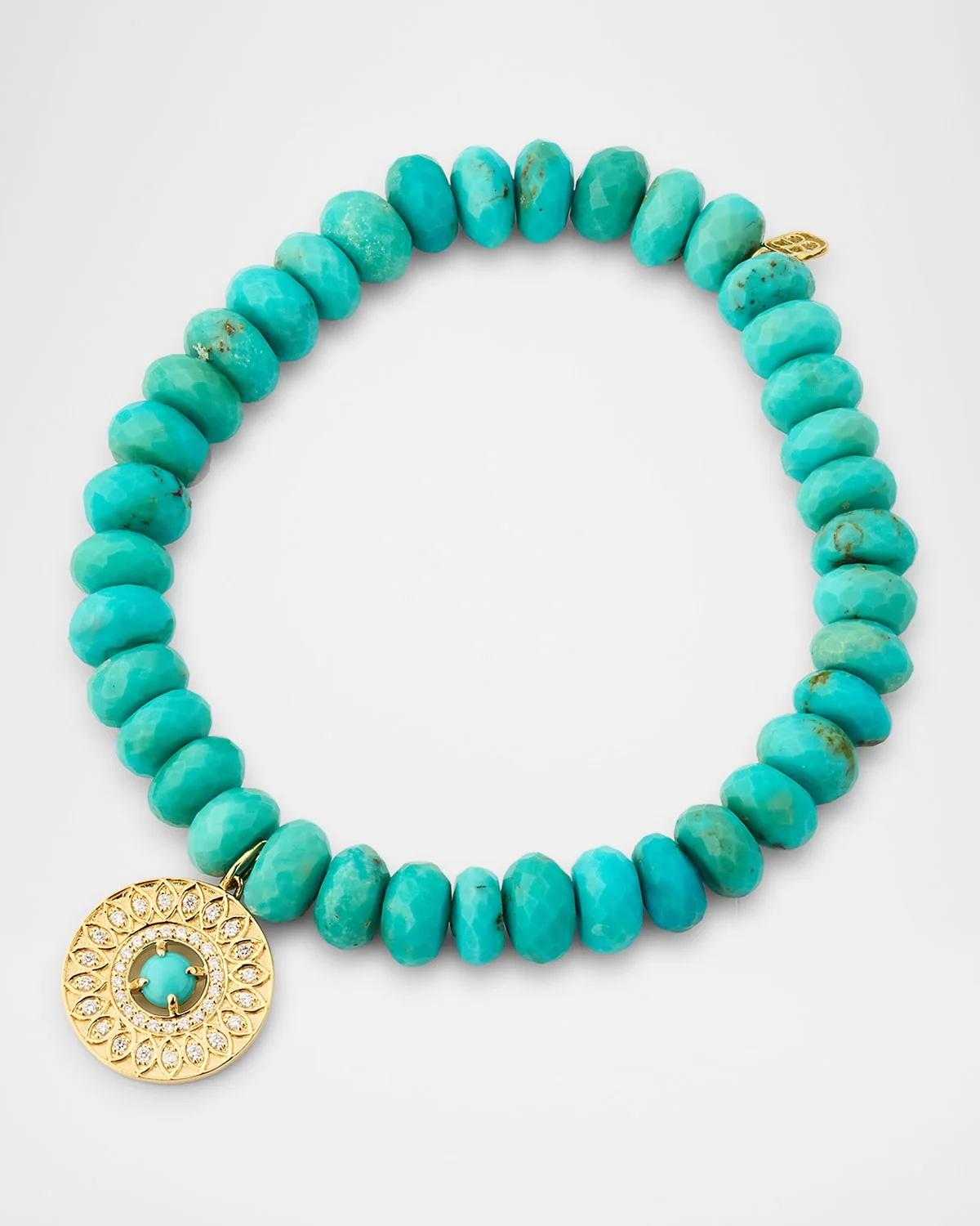 Turquoise Bead Bracelet with Diamond Marquise Eye Open Wheel Charm - 1
