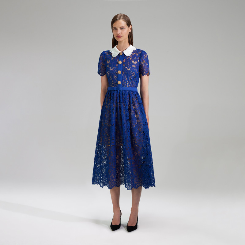 Blue Lace Midi Dress Contrast Collar 2