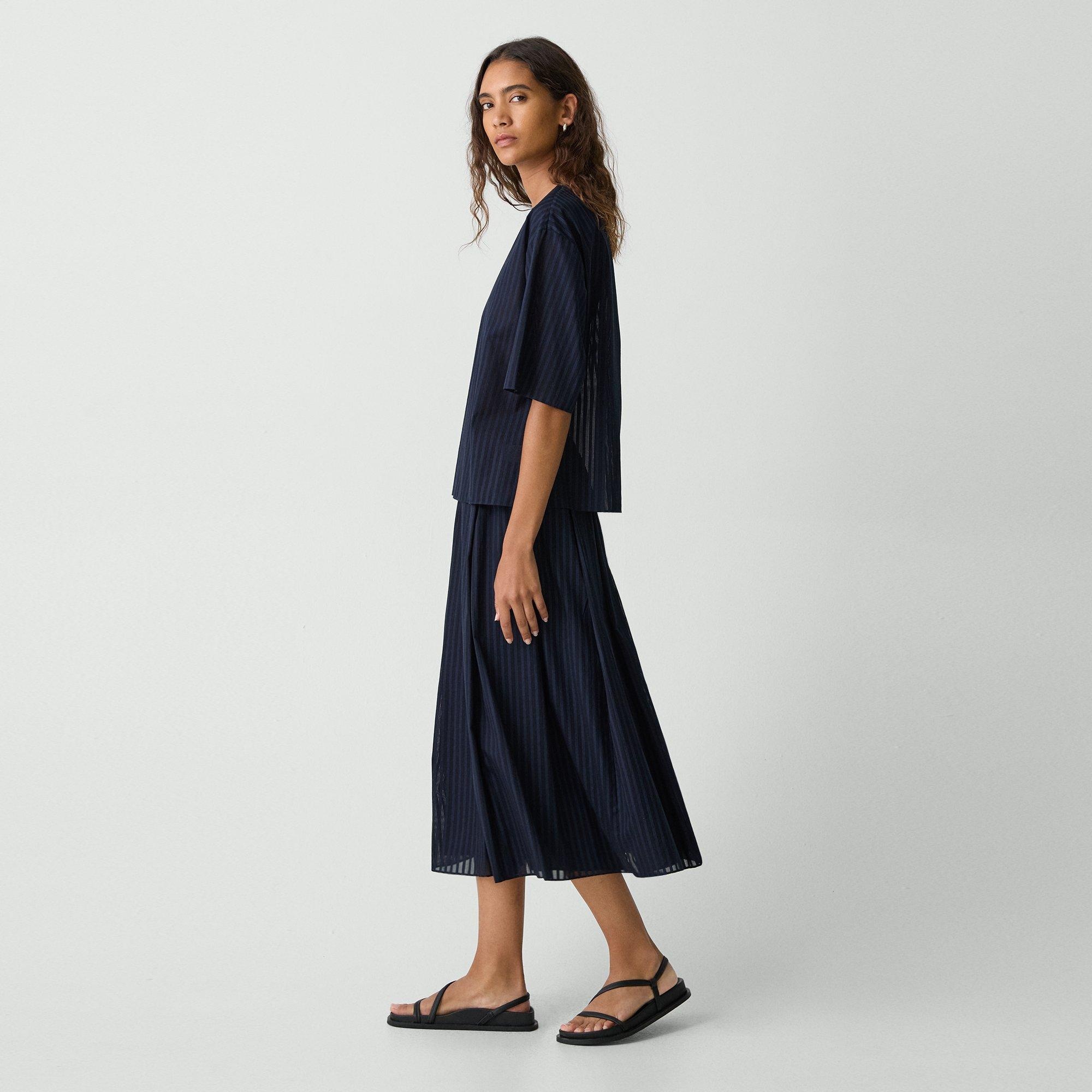 Pleated A-Line Skirt in Linear Cotton - 3