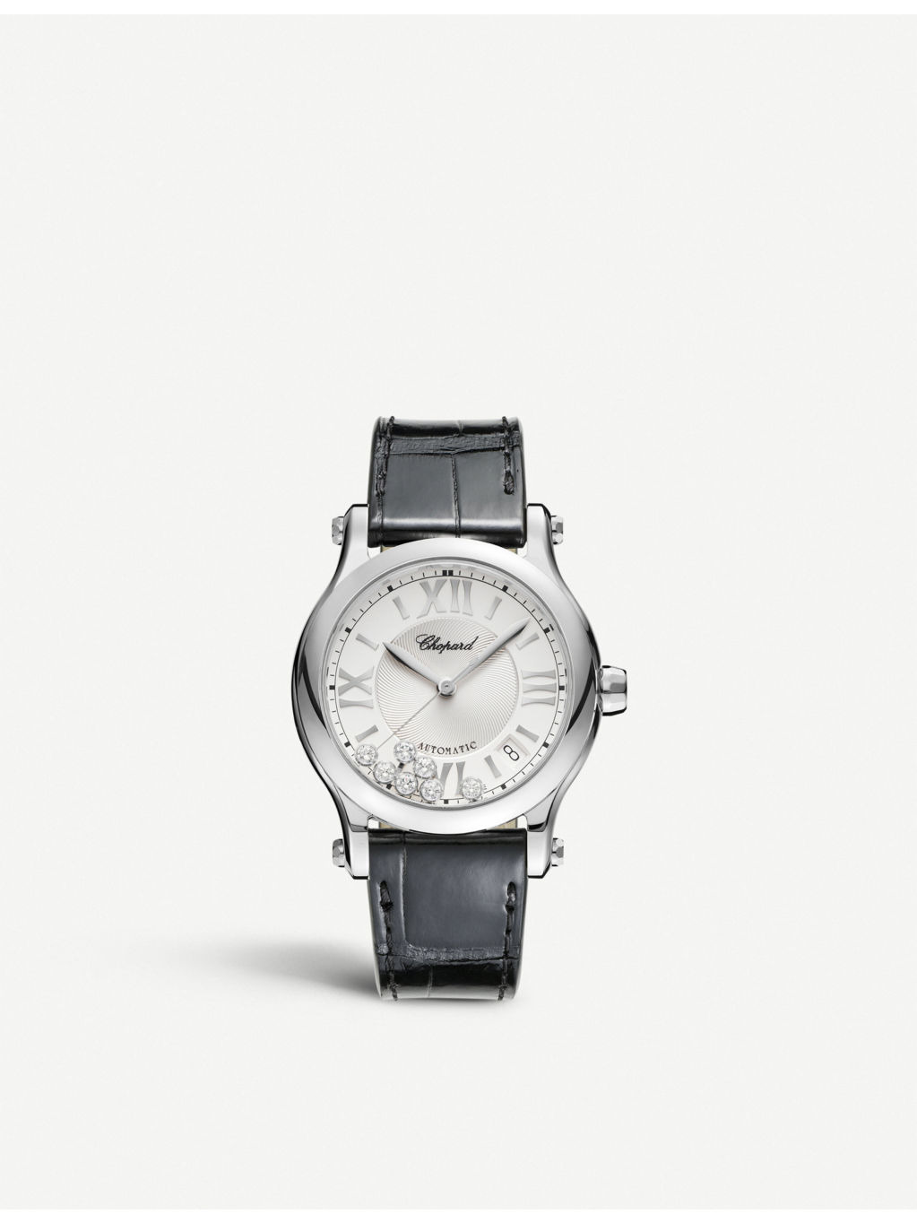 Happy Sport Medium stainless steel, diamond and croc-embossed leather watch - 1