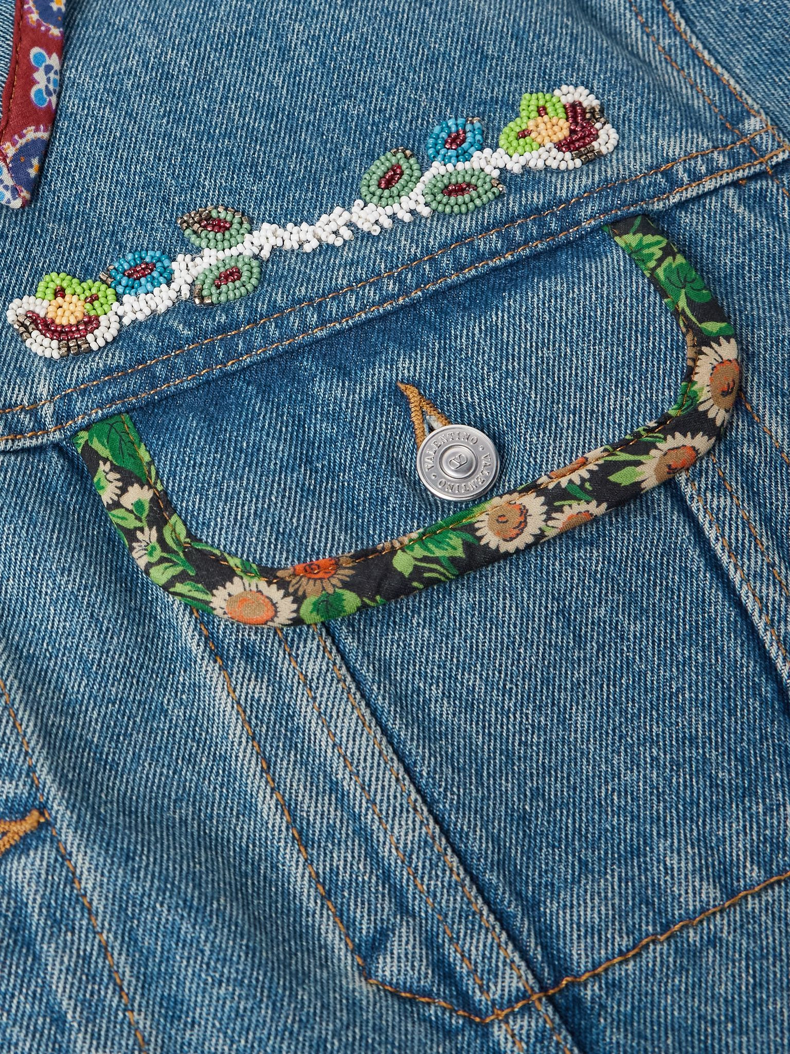 Bead-Embellished Floral-Trimmed Denim Jacket Blue - 5