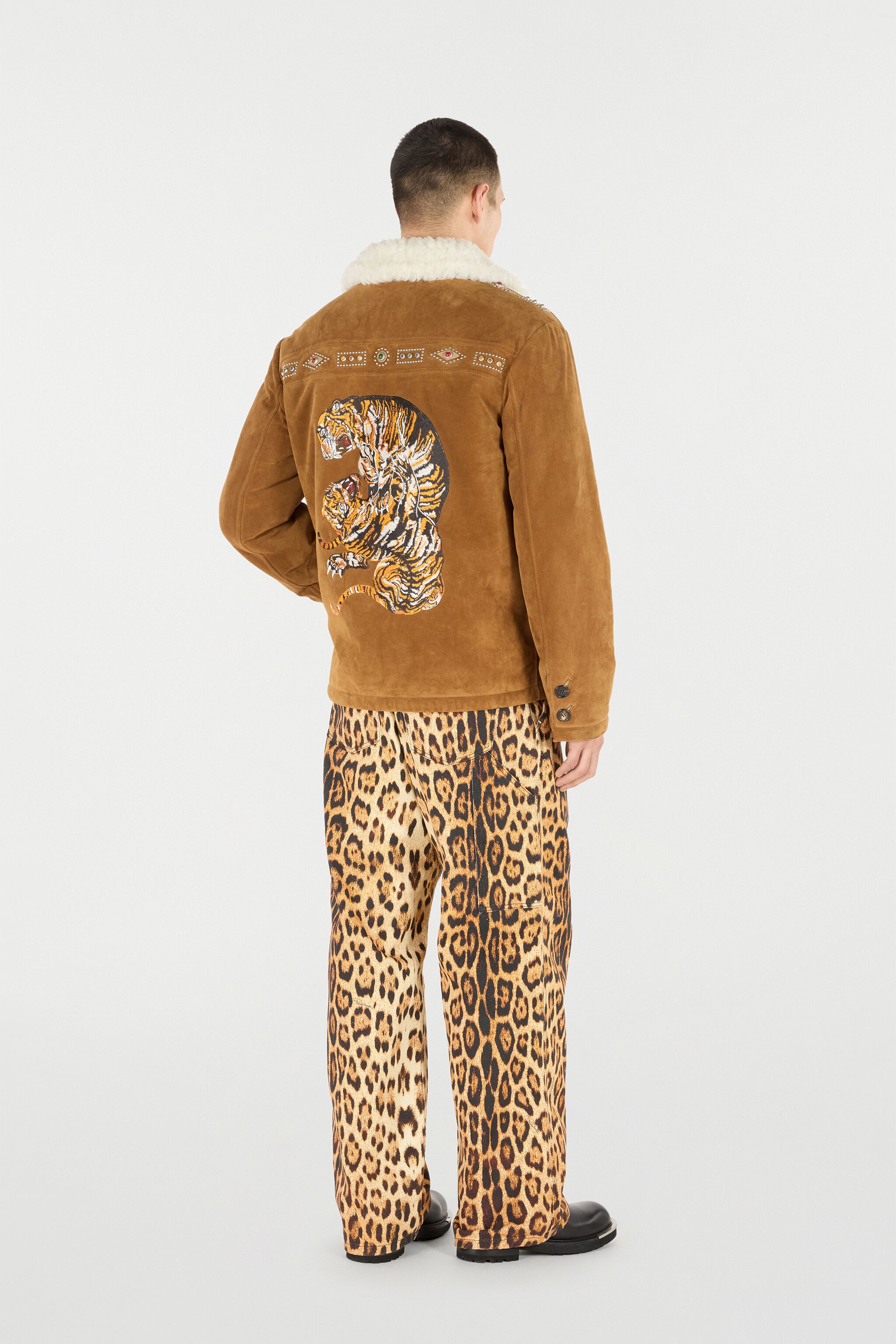 Suede Leather Jacket with Flowers and Tigers - 4