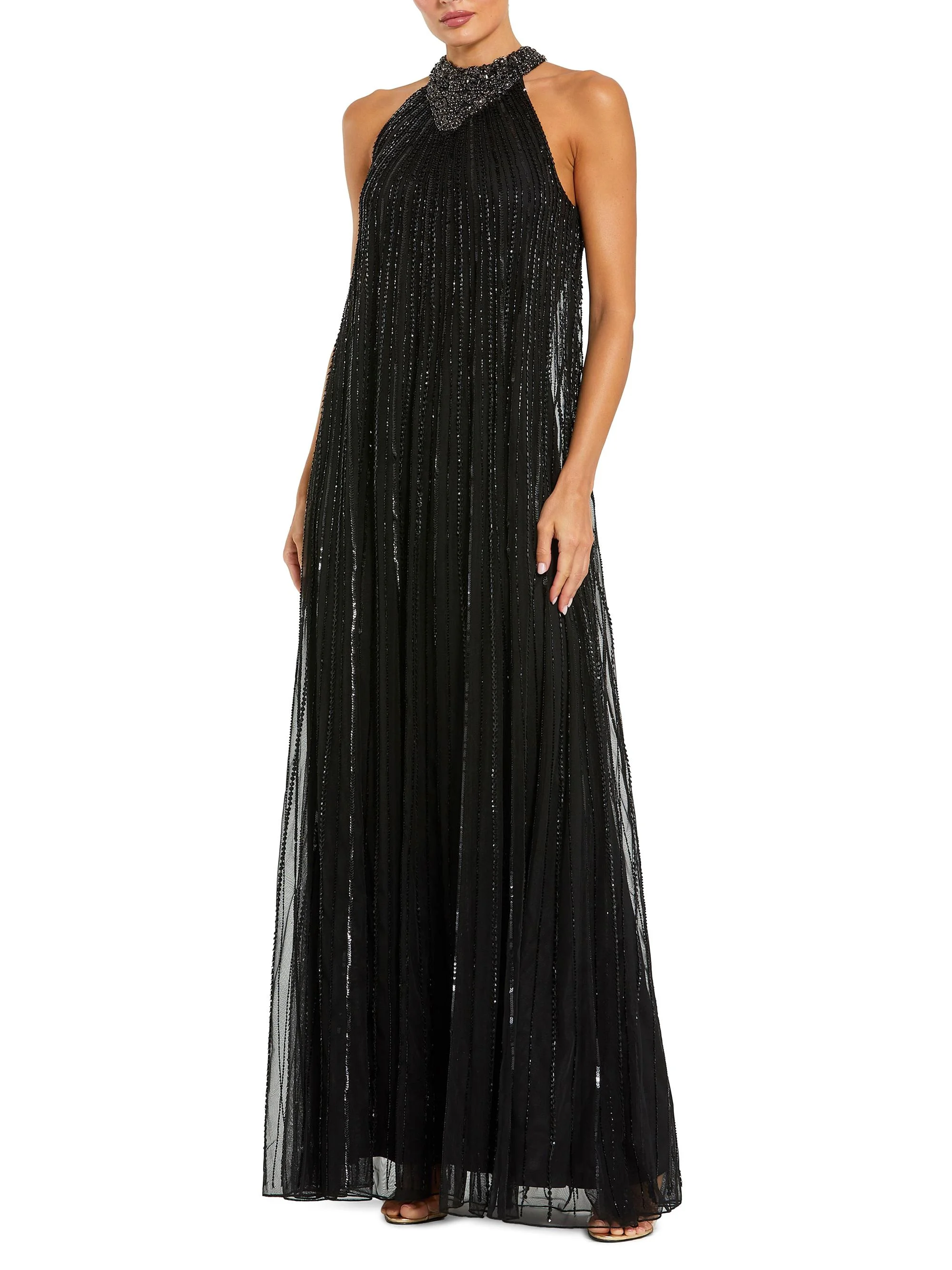 Women's Sequined-Mesh Trapeze Gown - Black - 1
