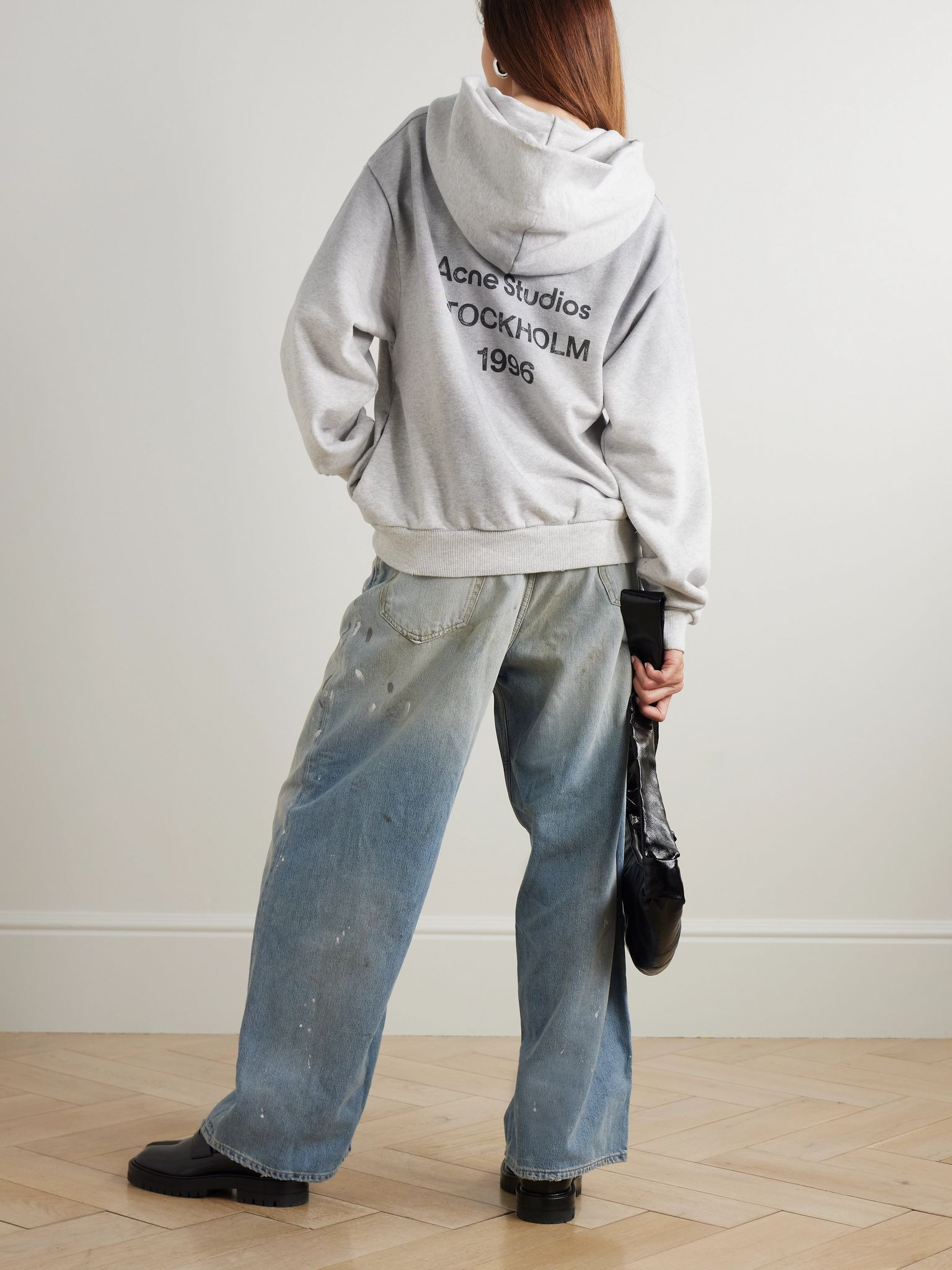 Printed cotton-blend jersey hoodie Light gray - 2