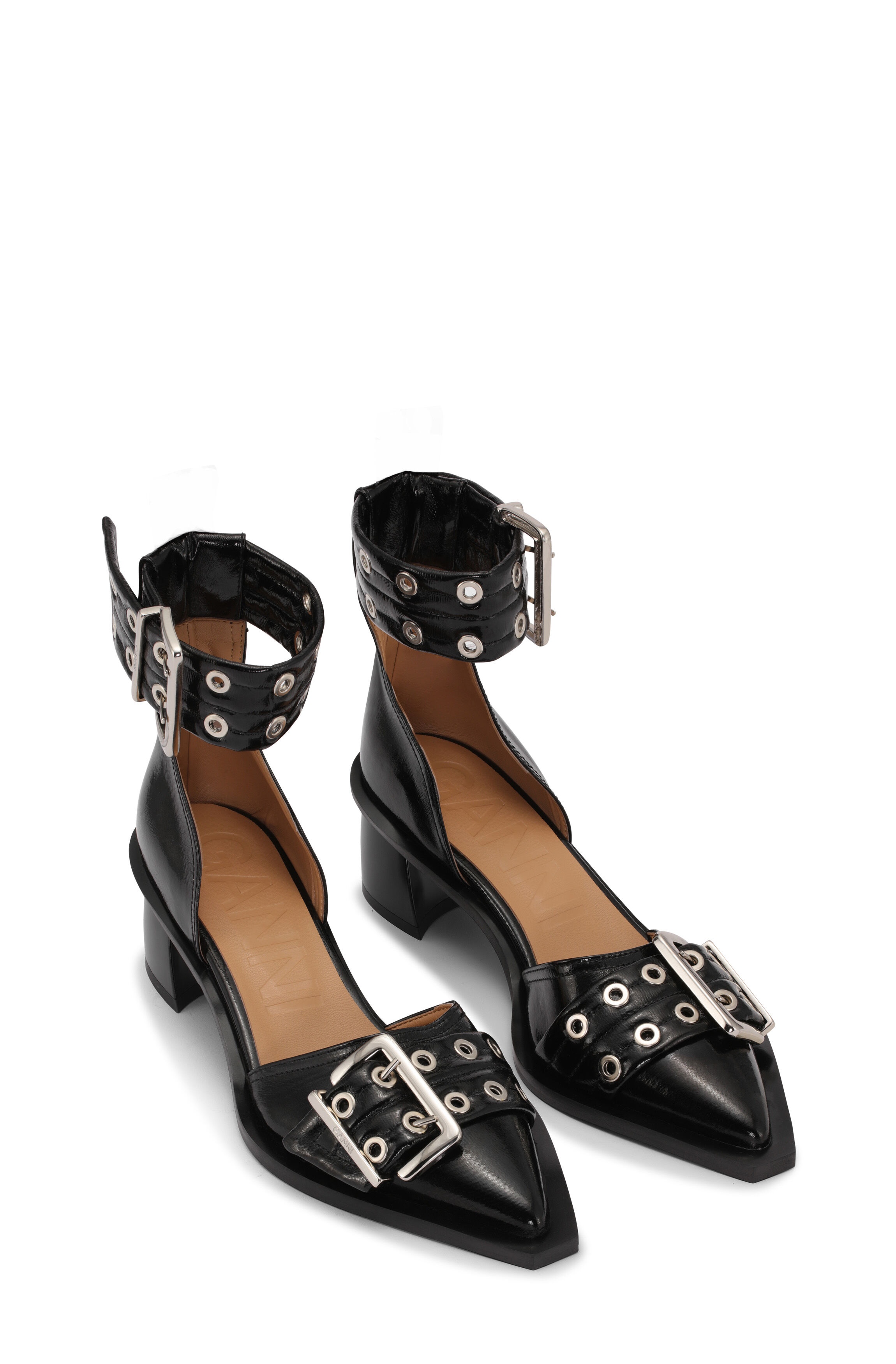 BLACK CHUNKY BUCKLE OPEN CUT PUMPS - 2