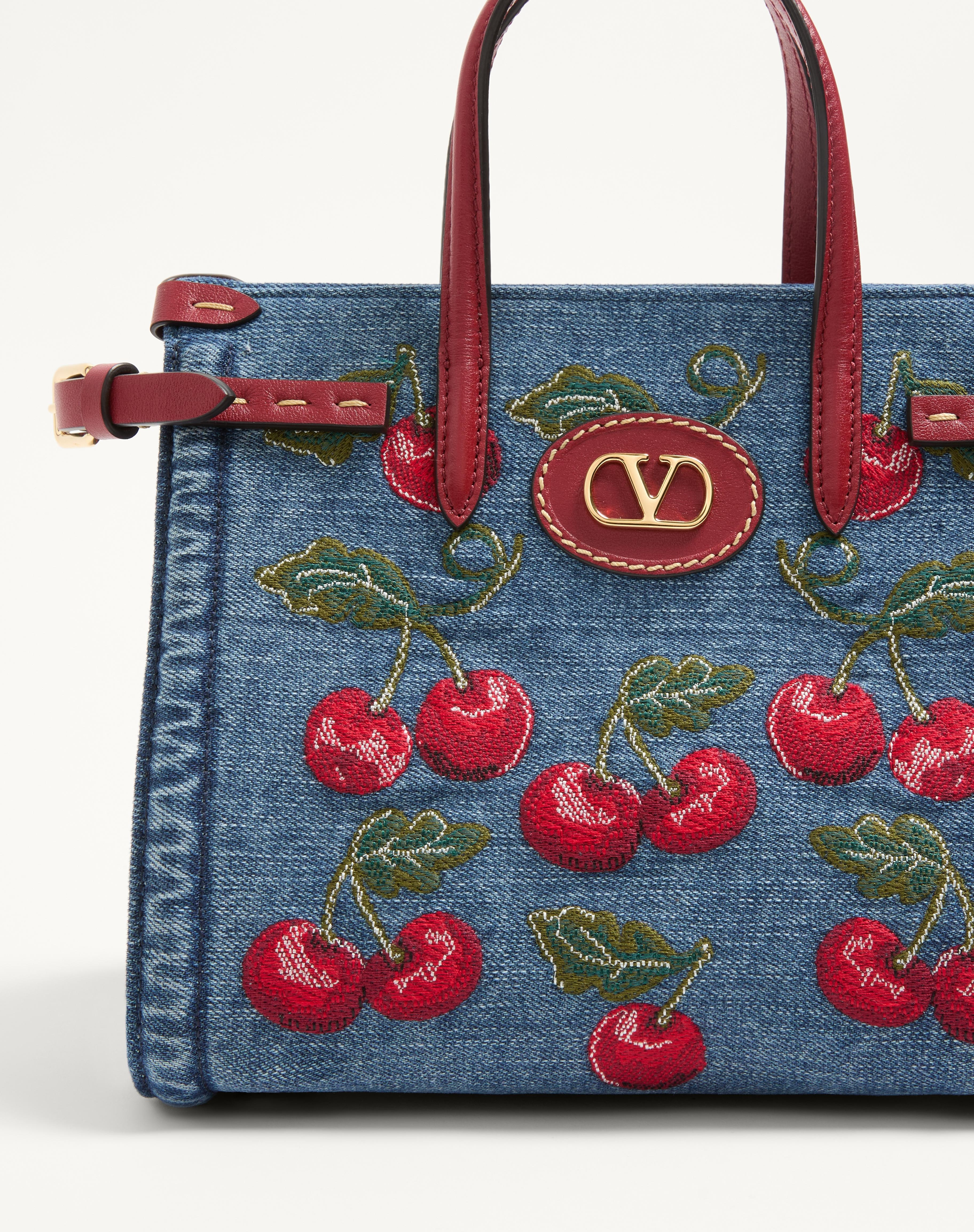 VALENTINO GARAVANI ANTIBES SMALL SHOPPING BAG IN DENIM WITH CHERRYFIC EMBROIDERY - 6