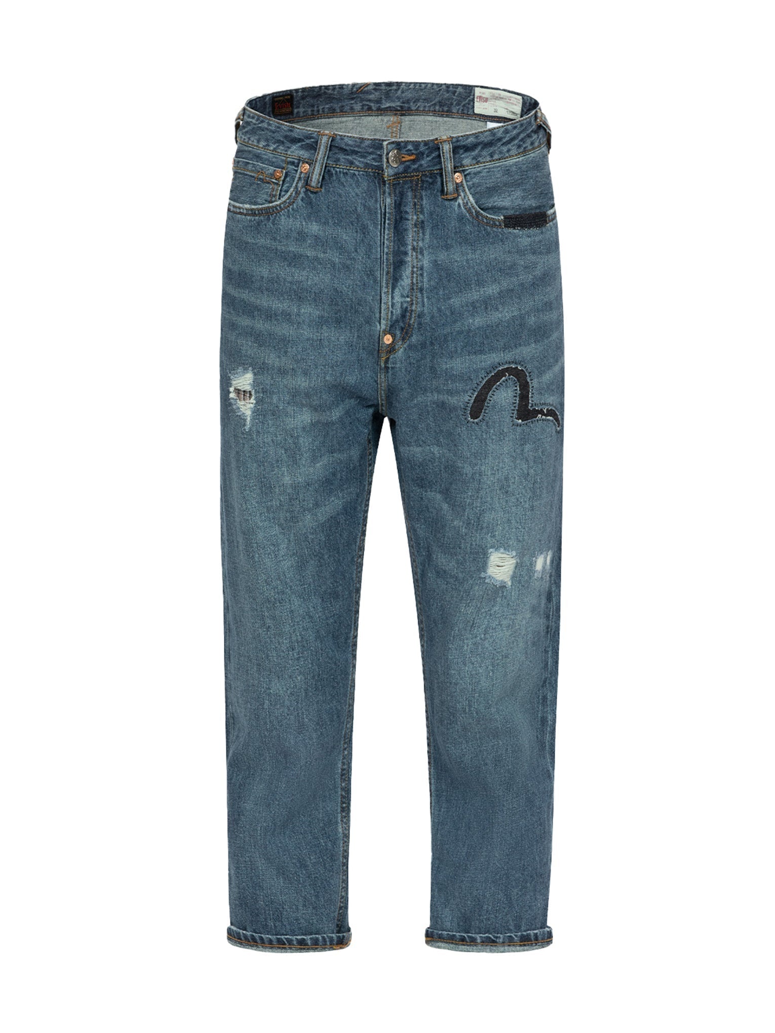 Washed and Distressed Seagull Patchwork and Logo Embroidery Cropped Jeans #2027 - 15