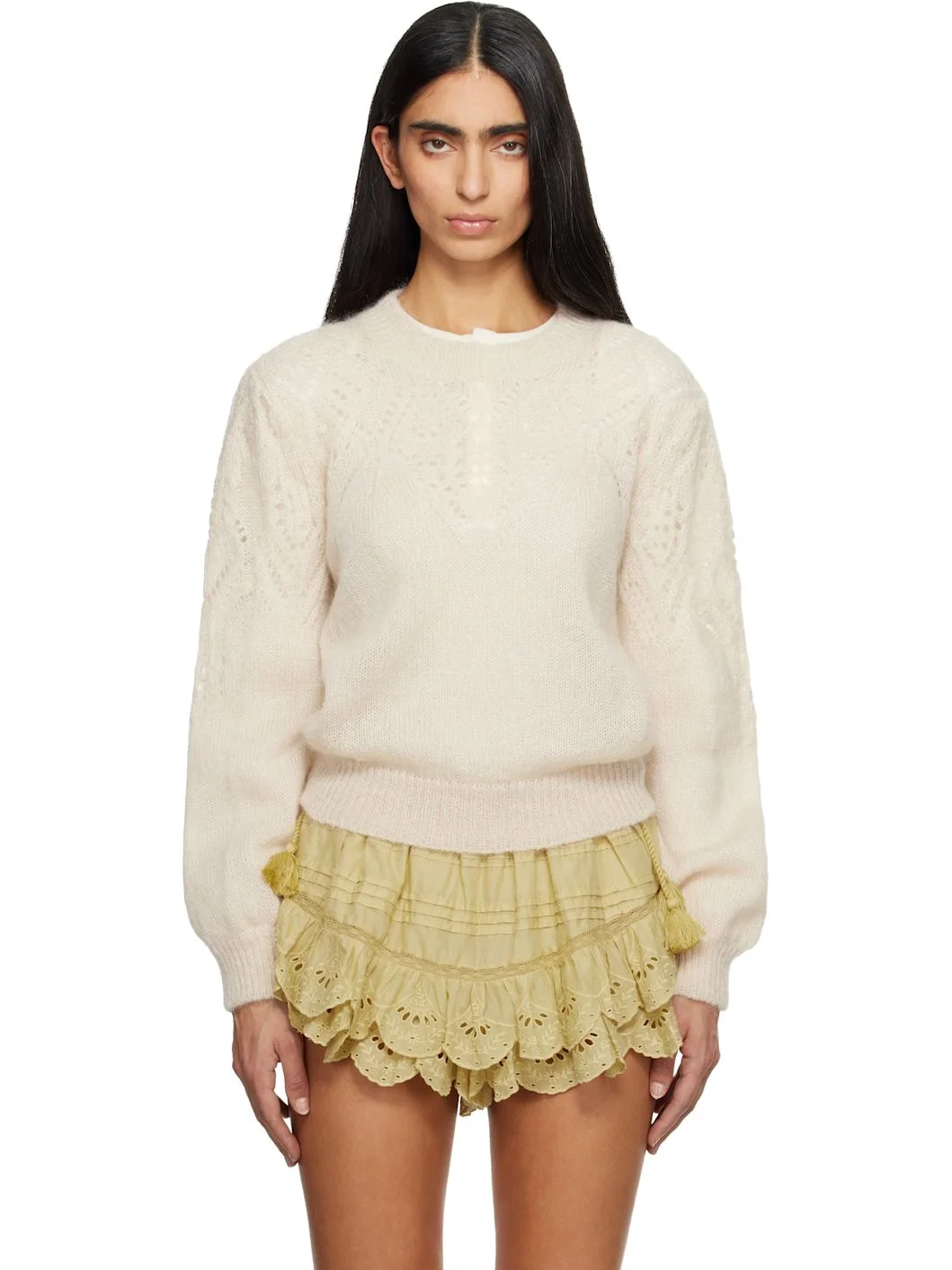Beige Jenia Openwork Mohair Knit Sweater - 1