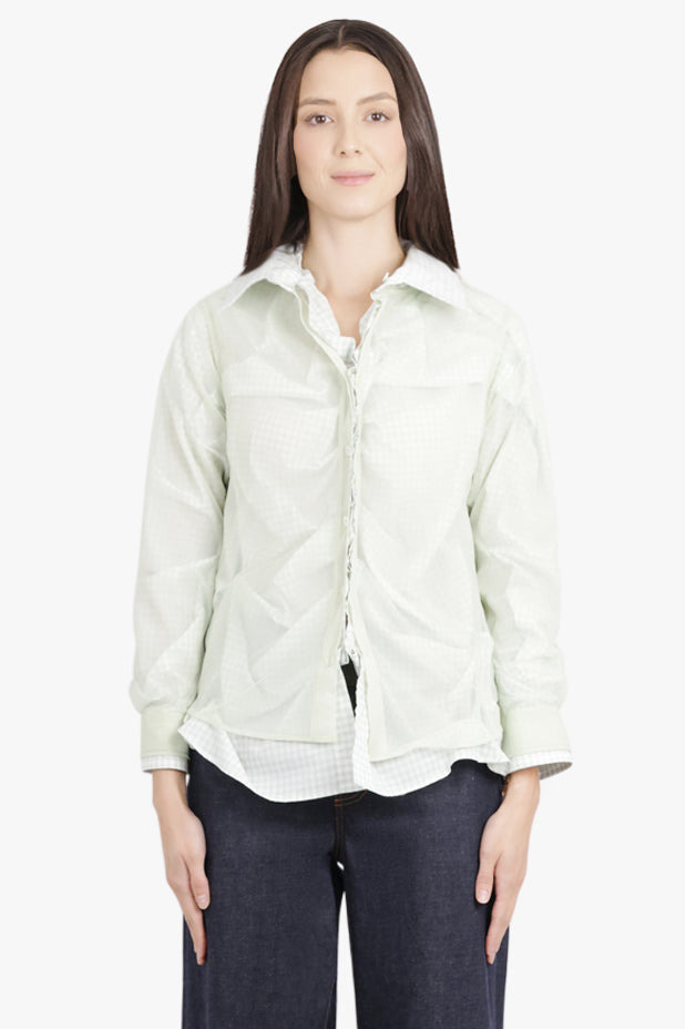 LAYERED L/S SHIRT WITH CHECK RUCHING DETAIL | GREEN/WHITE - 3
