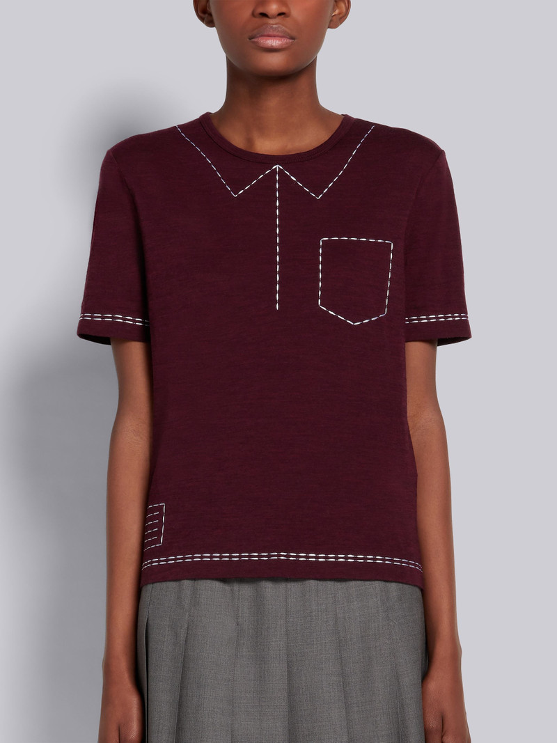 Dark Red Wool Jersey Trompe L'oeil Embroidery Stitching Short-sleeved Tee - 1