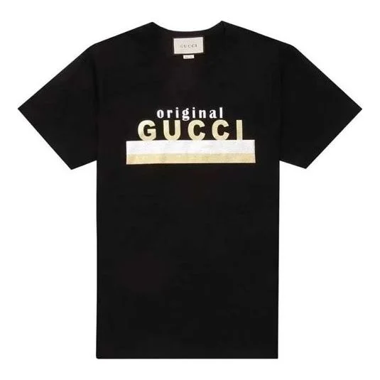 (WMNS) Gucci Gold And Silver Striped Letter Logo Short Sleeve For Black 615044-XJCRC-1082 - 1