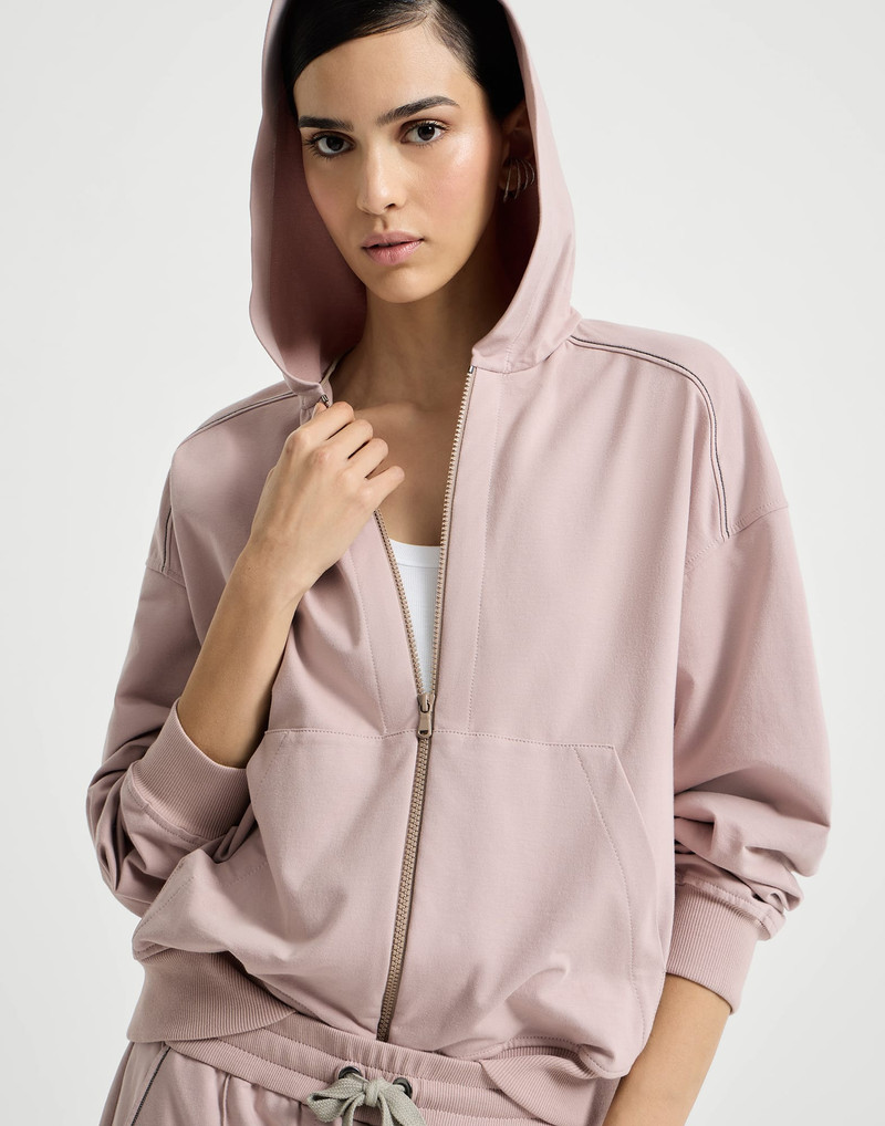 Stretch cotton lightweight French terry hooded sweatshirt with zipper and shiny trims 5