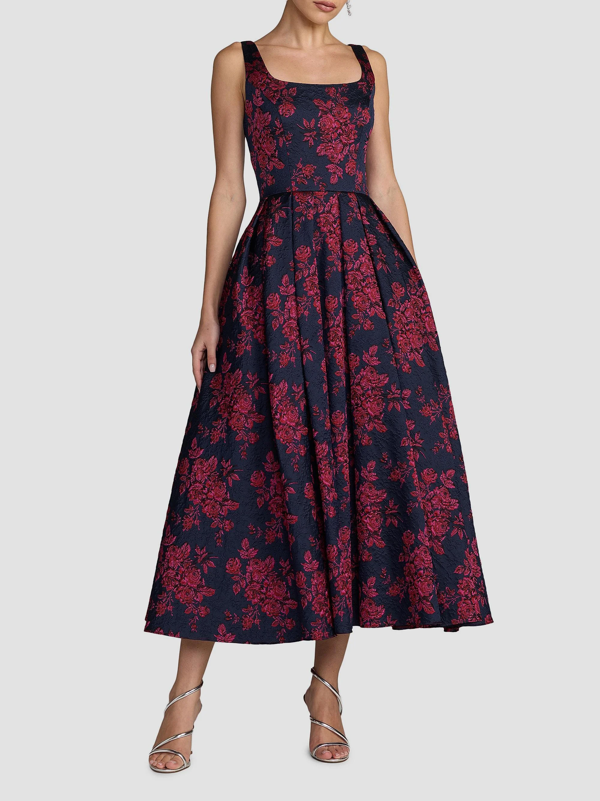 Women's Floral Brocade Tea-Length Cocktail Dress - Fuchsia Multi - 1