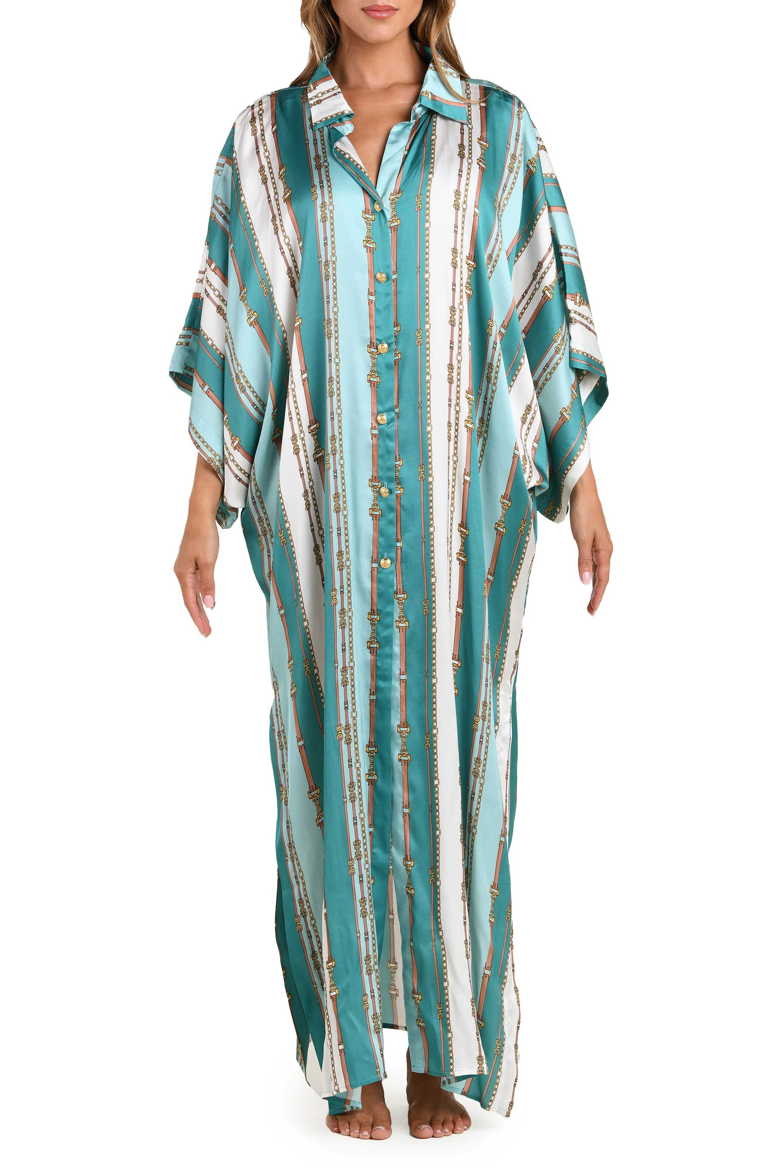 L'AGENCE Wrena Belt Stripe Satin Maxi Cover-Up Shirtdress in Green Multi at Nordstrom - 1