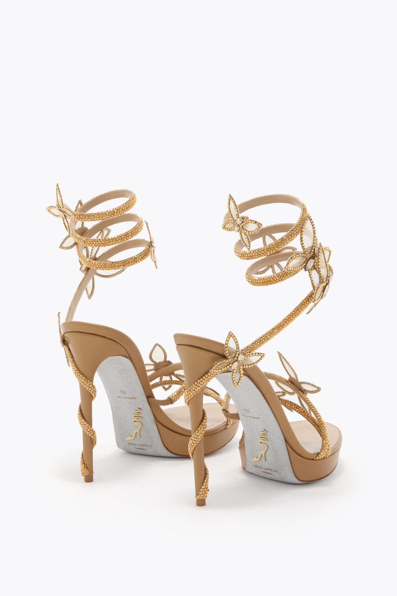 RENE CAOVILLA MARGOT GOLD PLATFORM SANDAL WITH BUTTERFLIES 120 outlook