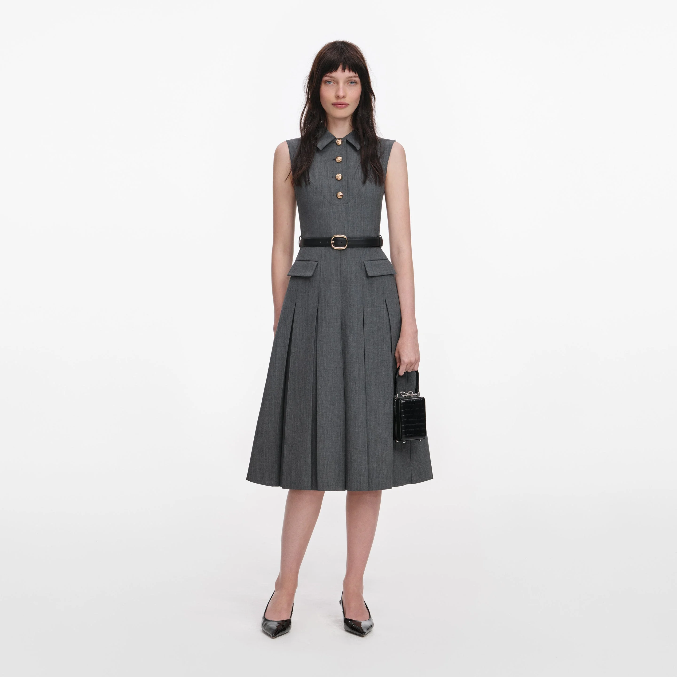 Grey Tailored Pleated Midi Dress - 1