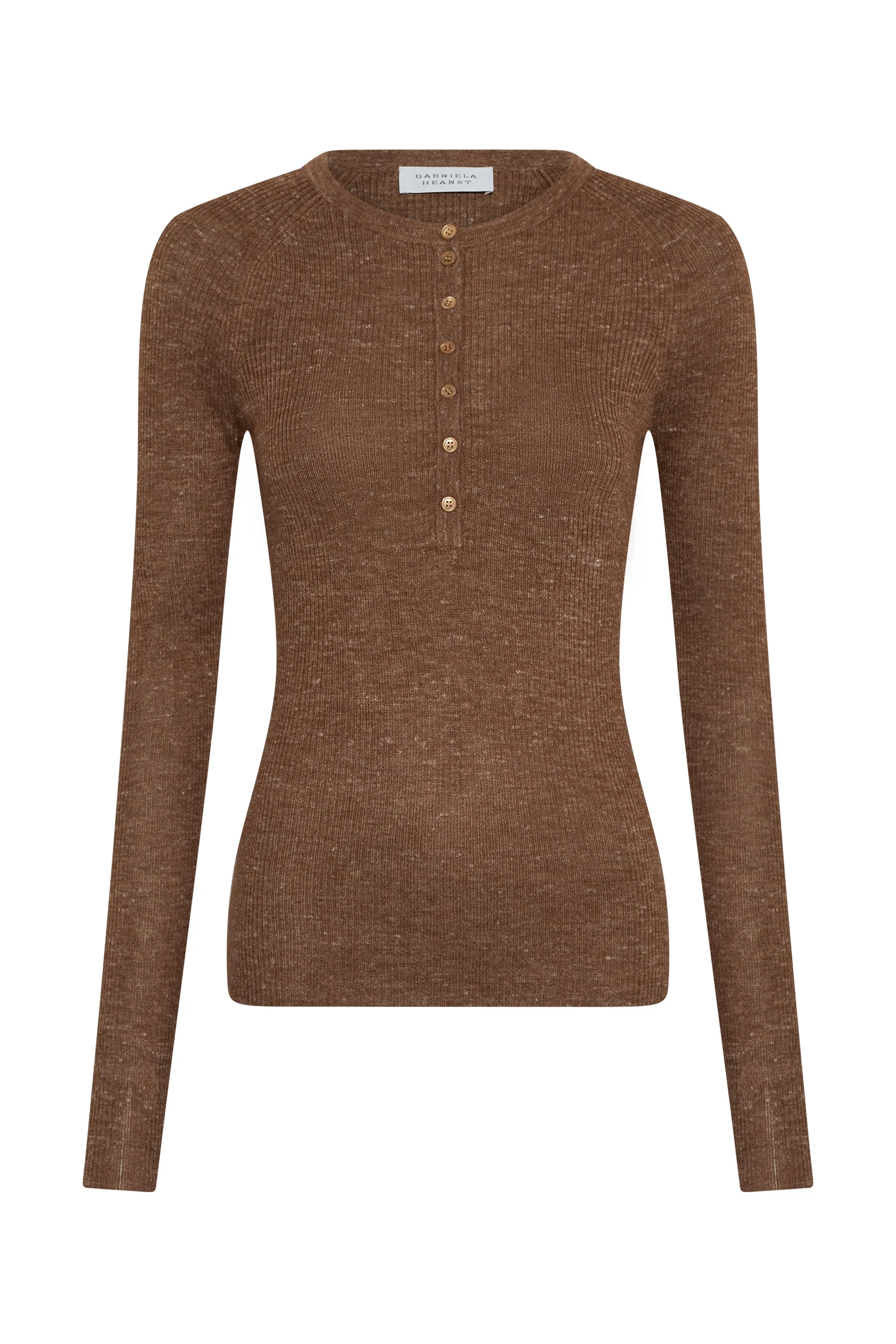 Anges Knit Henley in Chestnut Cashmere Silk with Hemp - 1