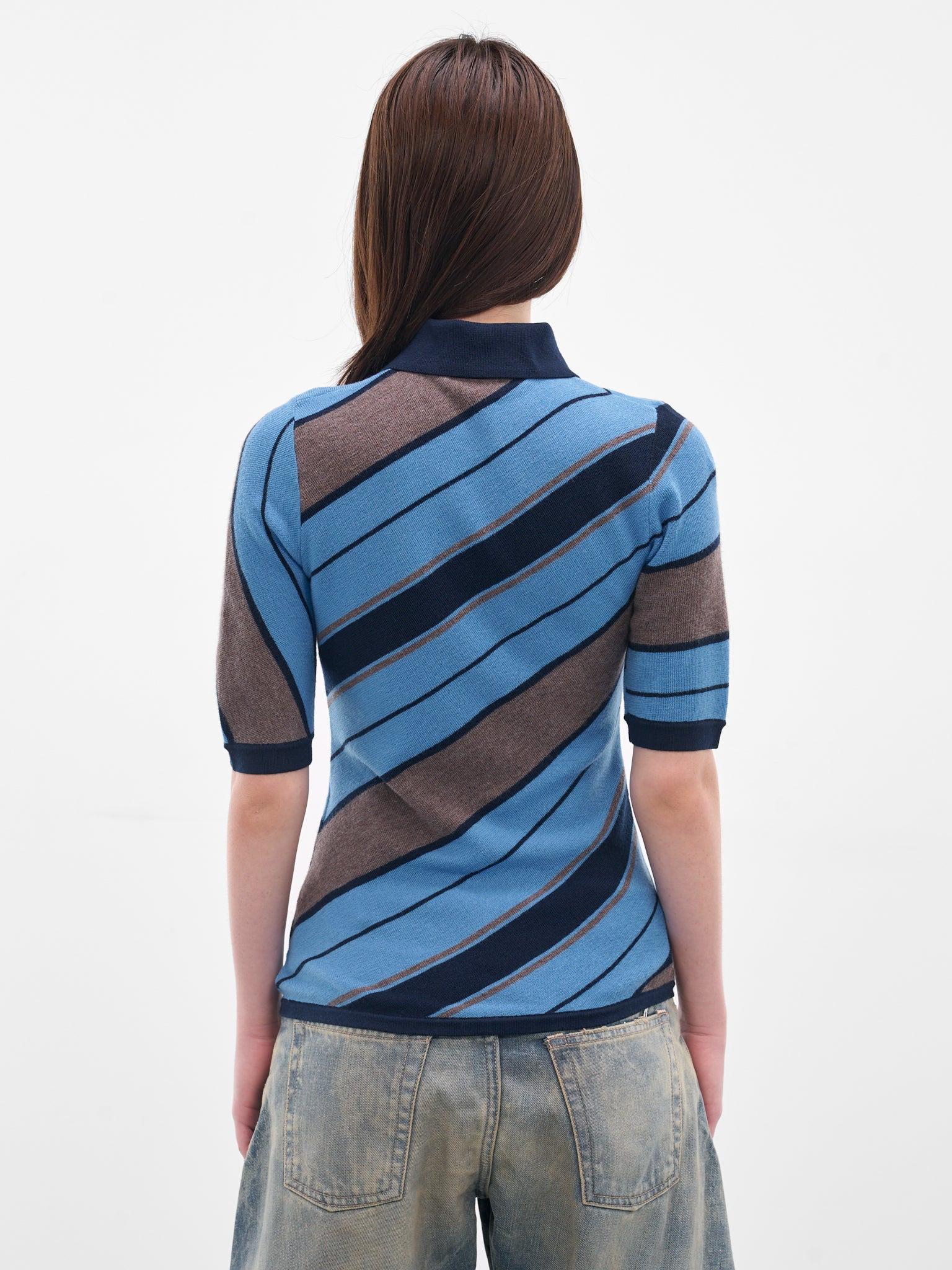 Blue Striped Knit Polo Shirt - 3