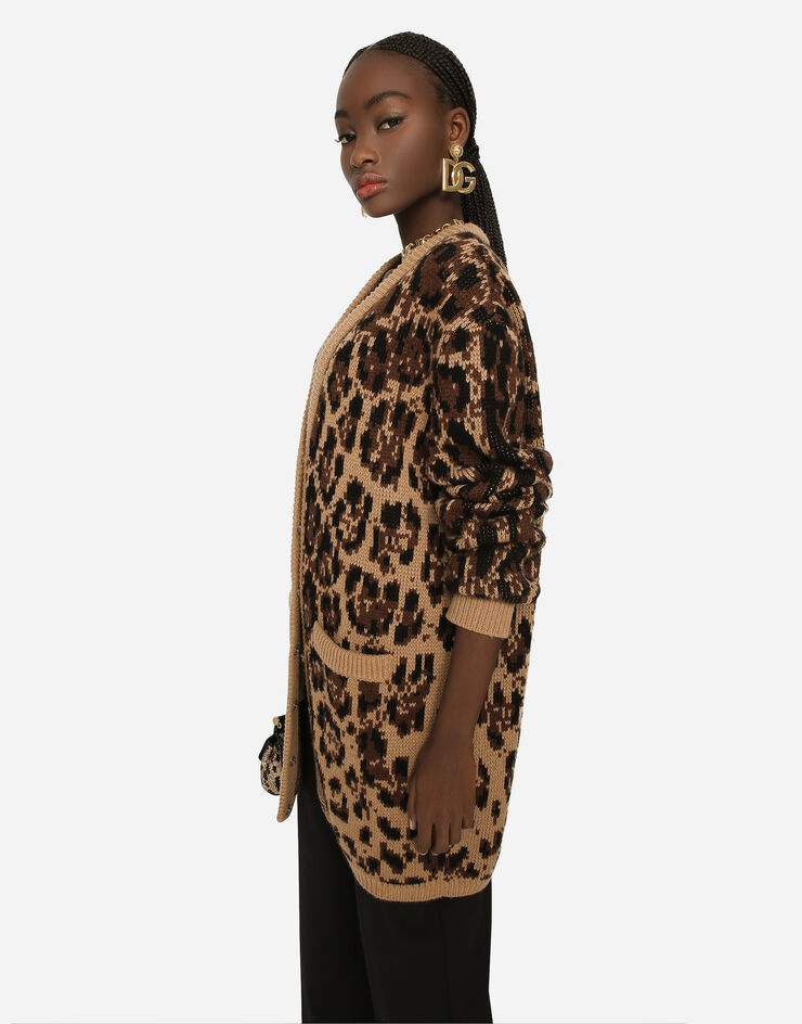 Long wool and cashmere cardigan with jacquard leopard design - 4