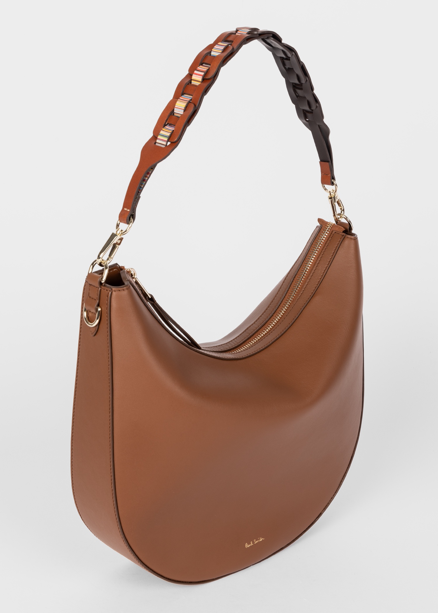 Women's Tan Leather Hobo Bag With Woven 'Signature Stripe' Strap - 3