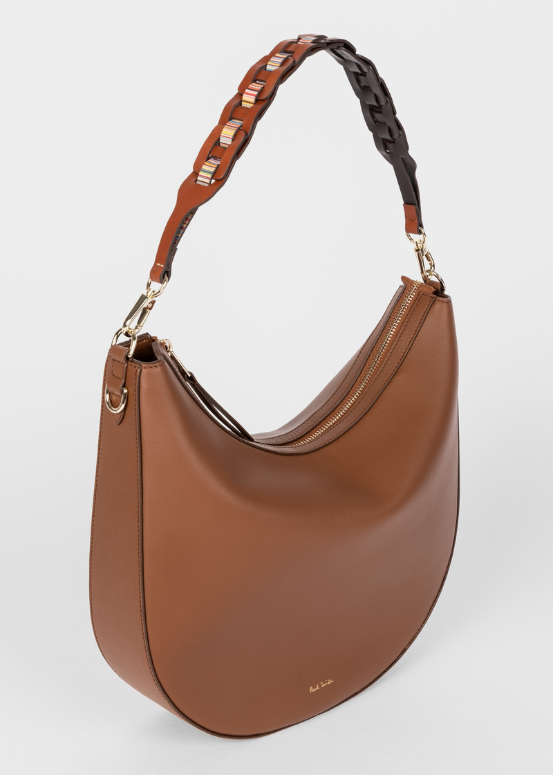 Women's Tan Leather Hobo Bag With Woven 'Signature Stripe' Strap 3