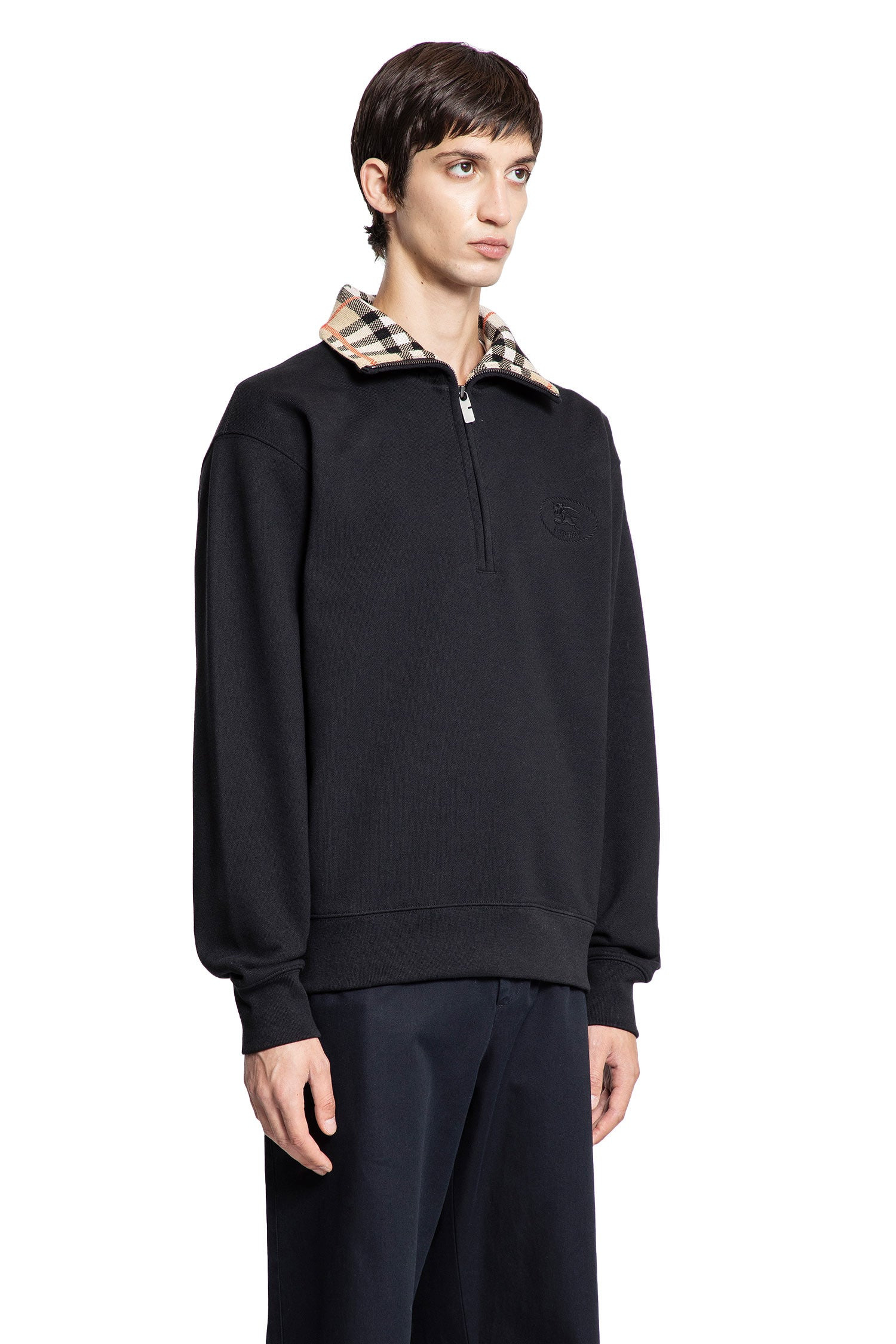Check-Collar-Cotton-Half-Zip-Sweatshirt - 2
