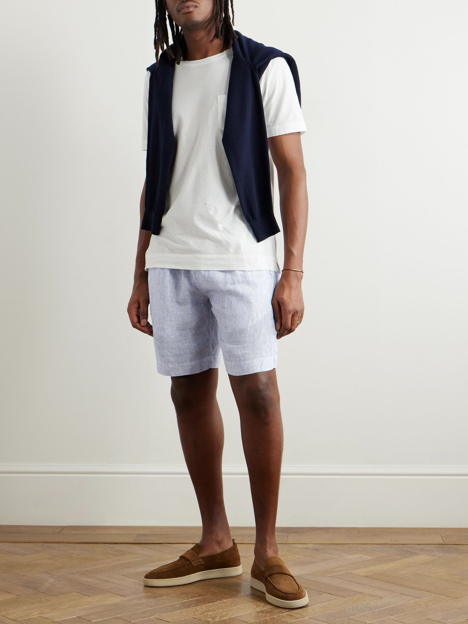 Kevin Straight-Leg Pleated Linen Drawstring Shorts Blue - 2