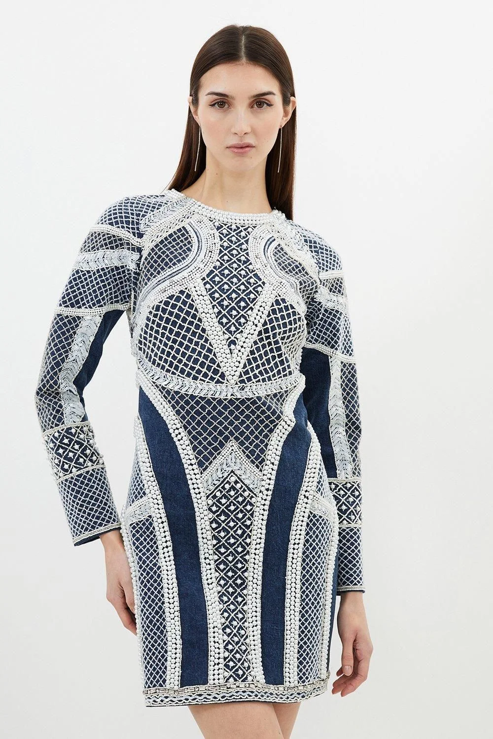 Embellished Pearl Long Sleeve Mini Dress - 1