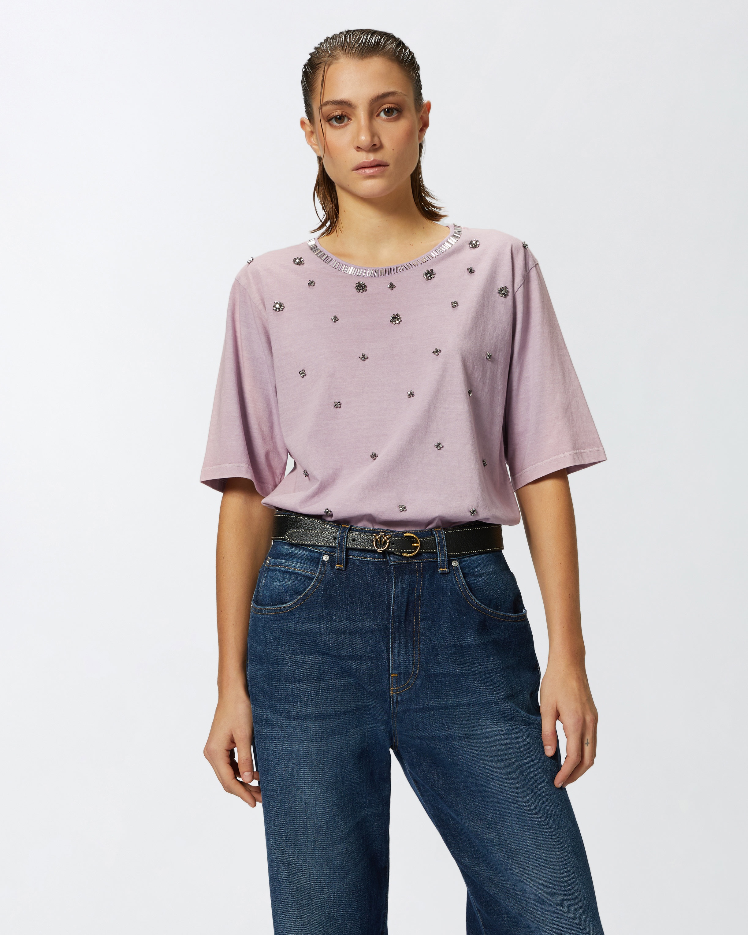 PINKO SHORT-SLEEVED T-SHIRT WITH JEWEL EMBROIDERY | REVERSIBLE