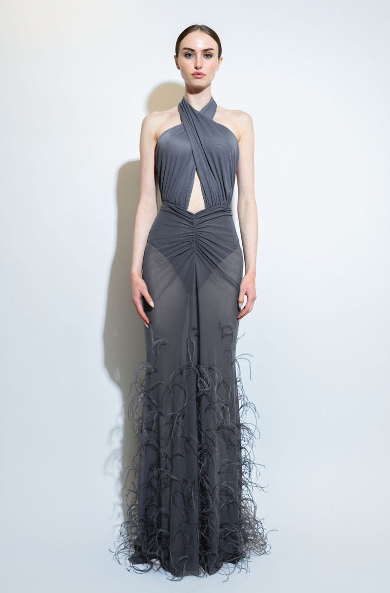 LAPOINTE Mesh Ruched Maxi Skirt With Feathers outlook