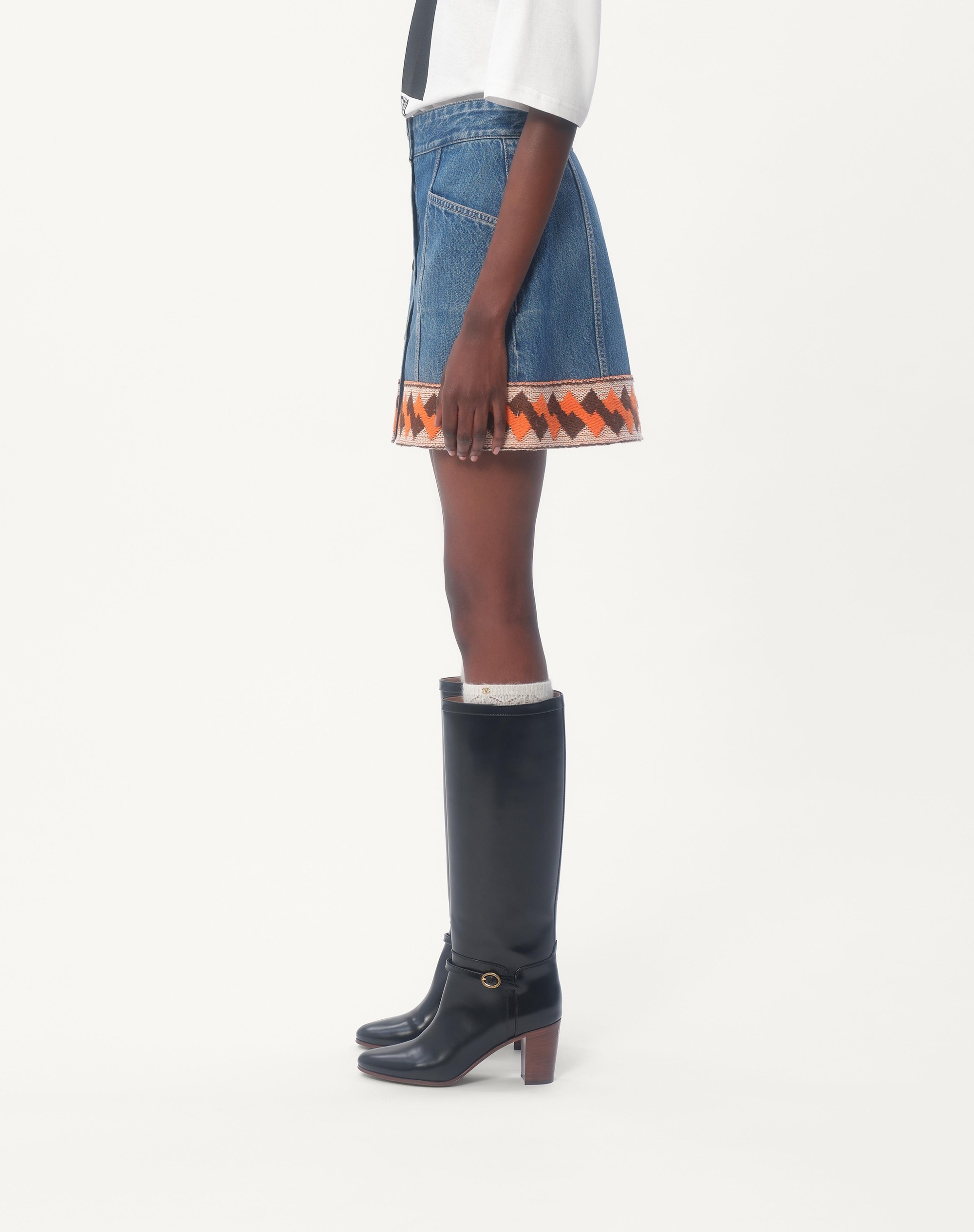 DENIM SKIRT WITH JACQUARD TRIMS - 6
