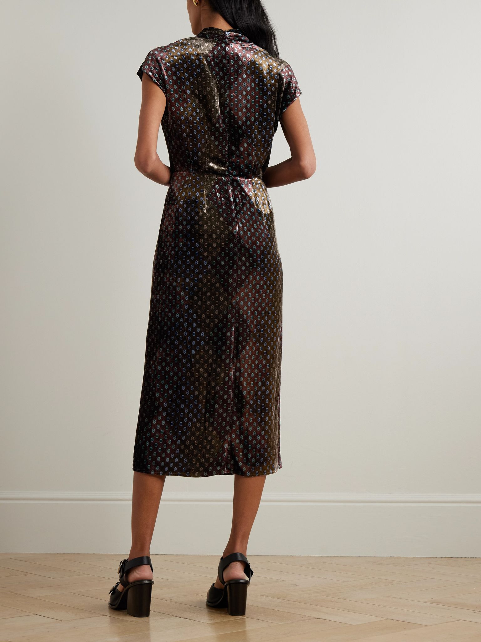 Printed velvet wrap-effect midi dress Black - 3