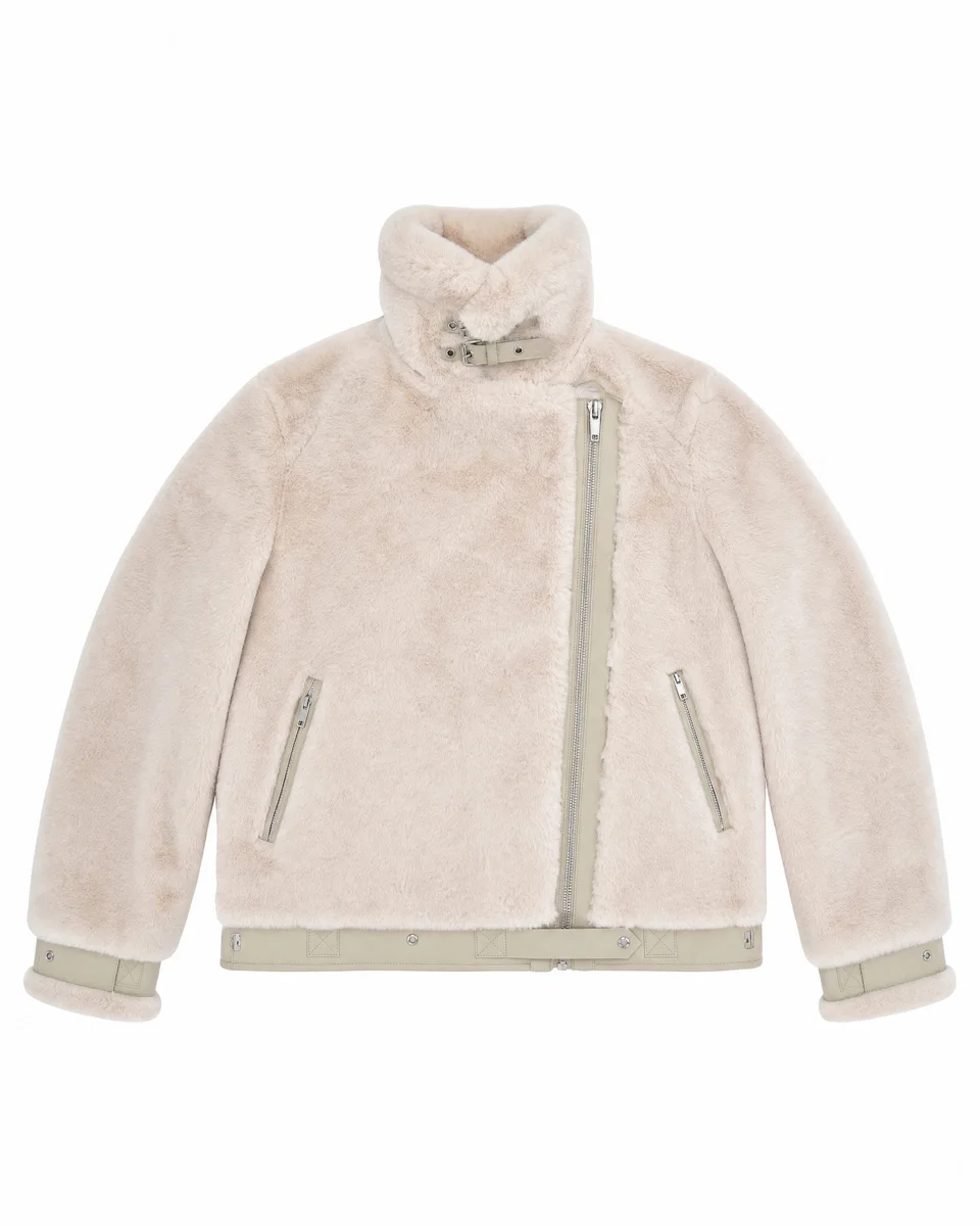 ECRU FAUX FUR BOMBER JACKET - 1