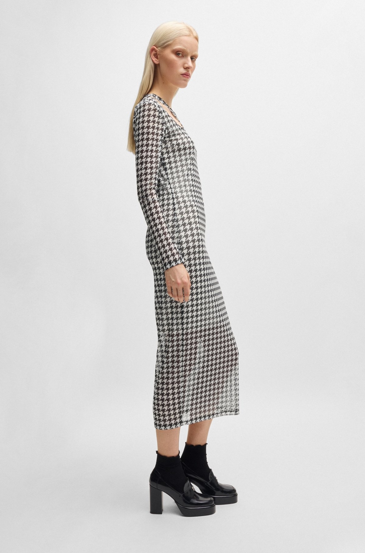 HOUNDSTOOTH MESH MIDI DRESS WITH CUT-OUT NECKLINE - 6