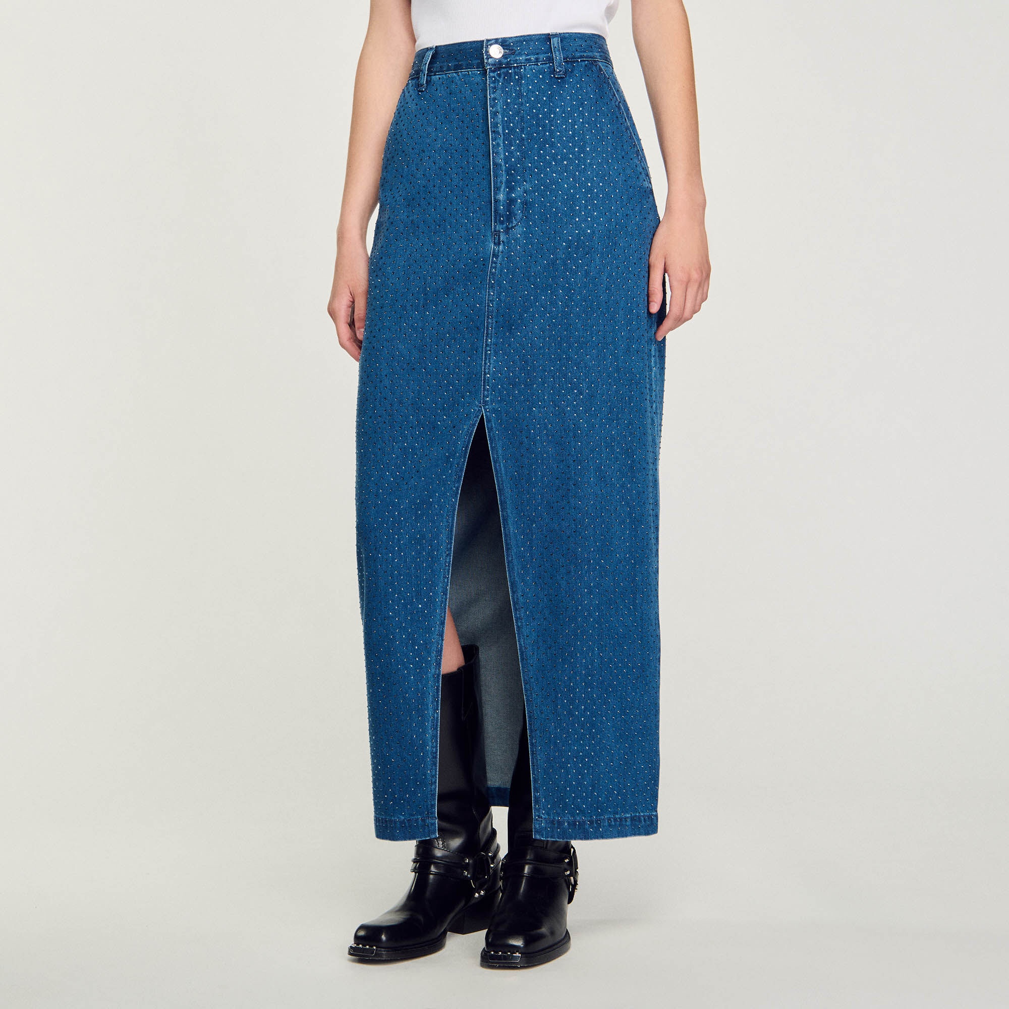 RHINESTONE DENIM MAXI SKIRT - 5
