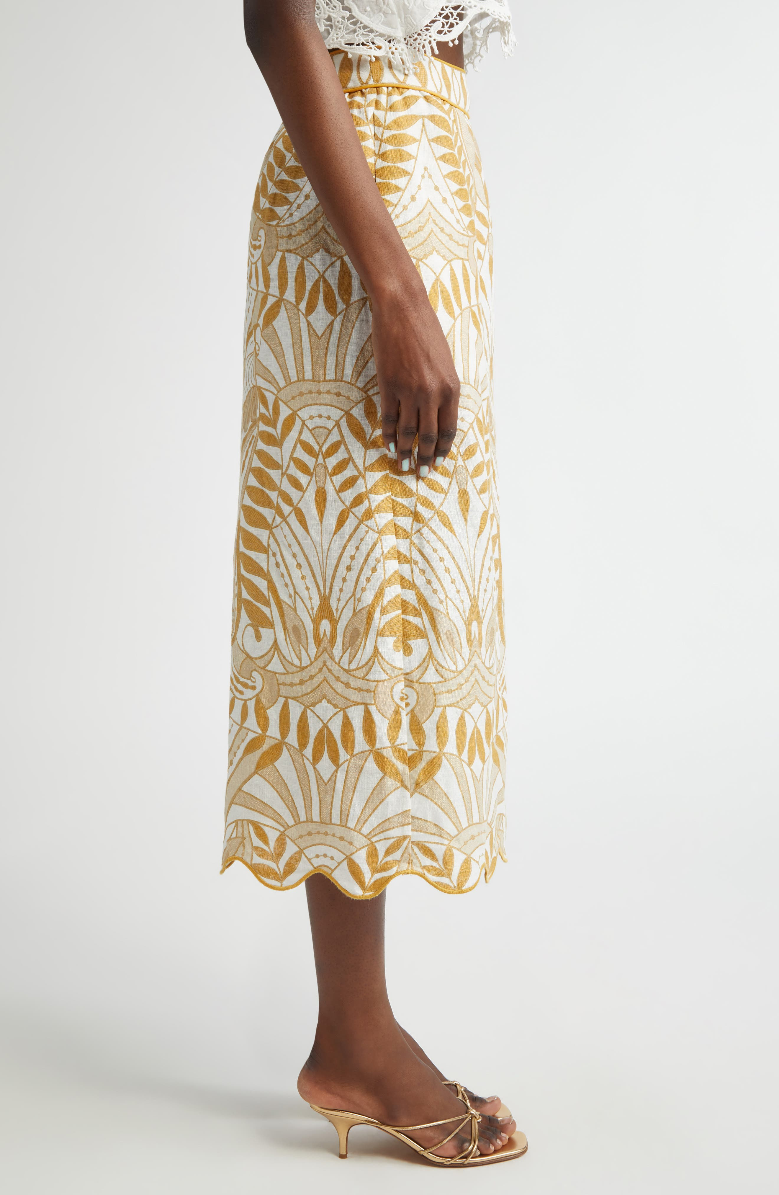 FARM Rio Lace Nature Linen Midi Skirt in Off-White at Nordstrom - 4