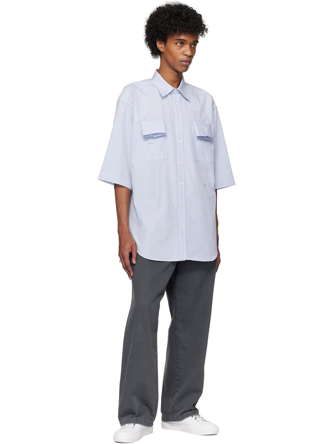 Blue Striped Cuff Details Shirt - 4