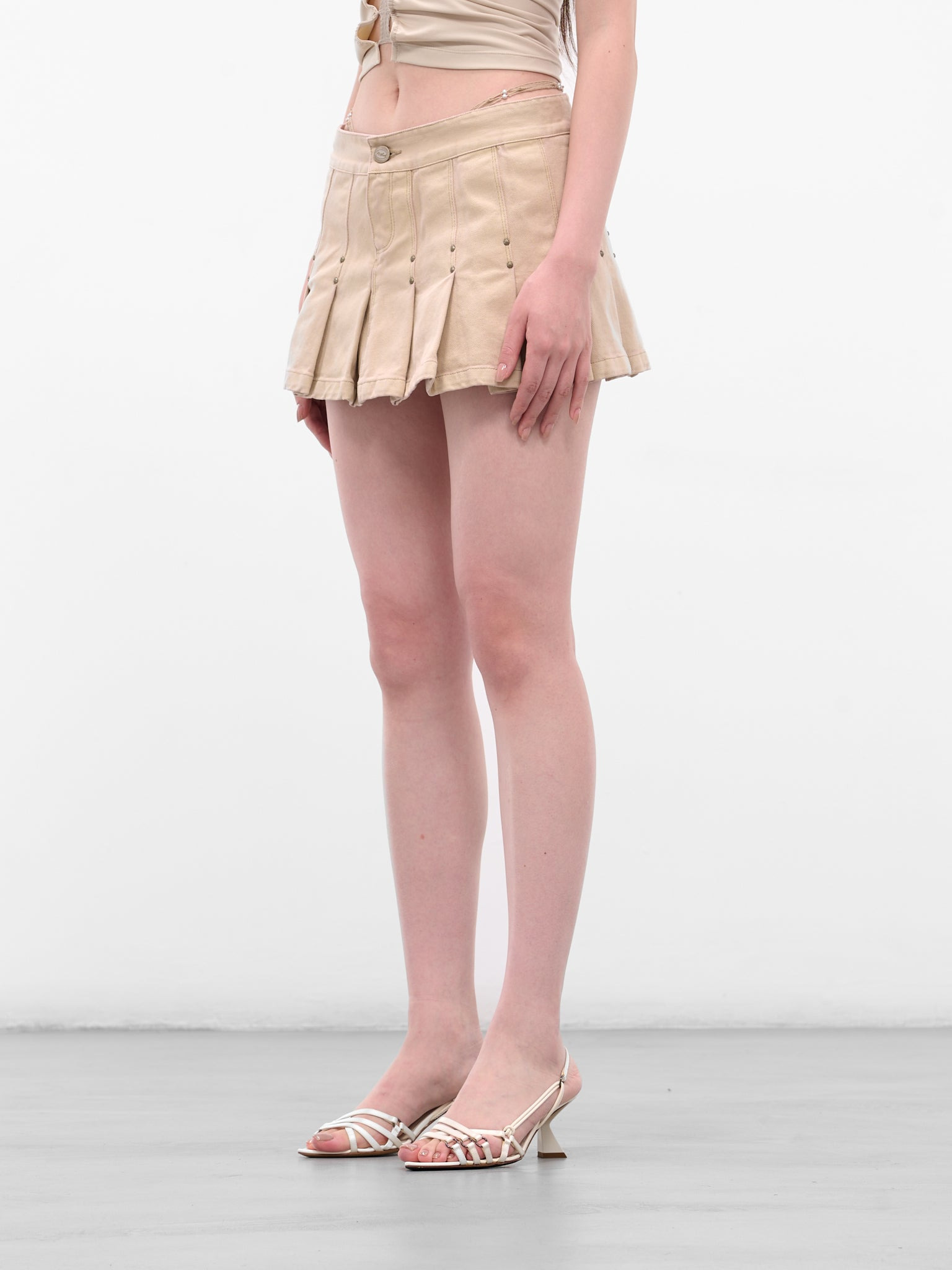 Beige G-String Pleated Mini Skirt - 2