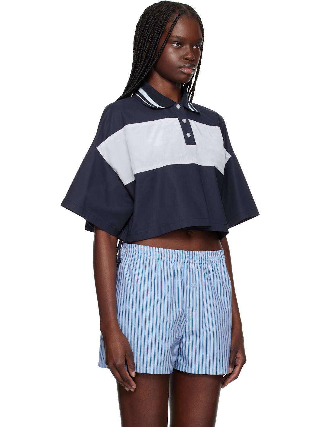 Navy & Gray Color Block Cropped Polo - 2