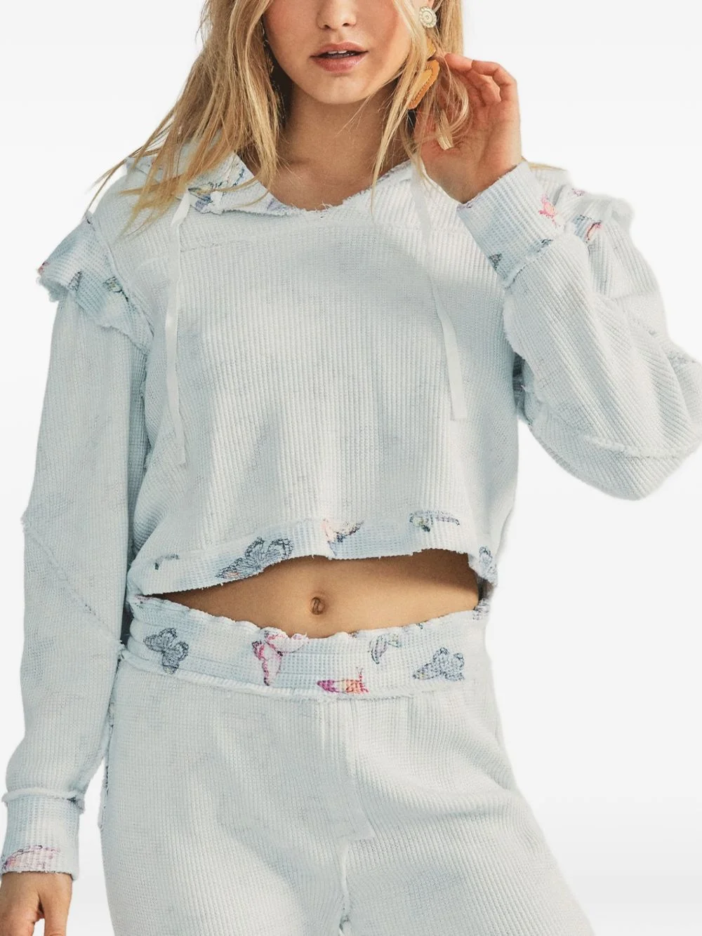 ruffled-detail butterfly-print hoodie - 1