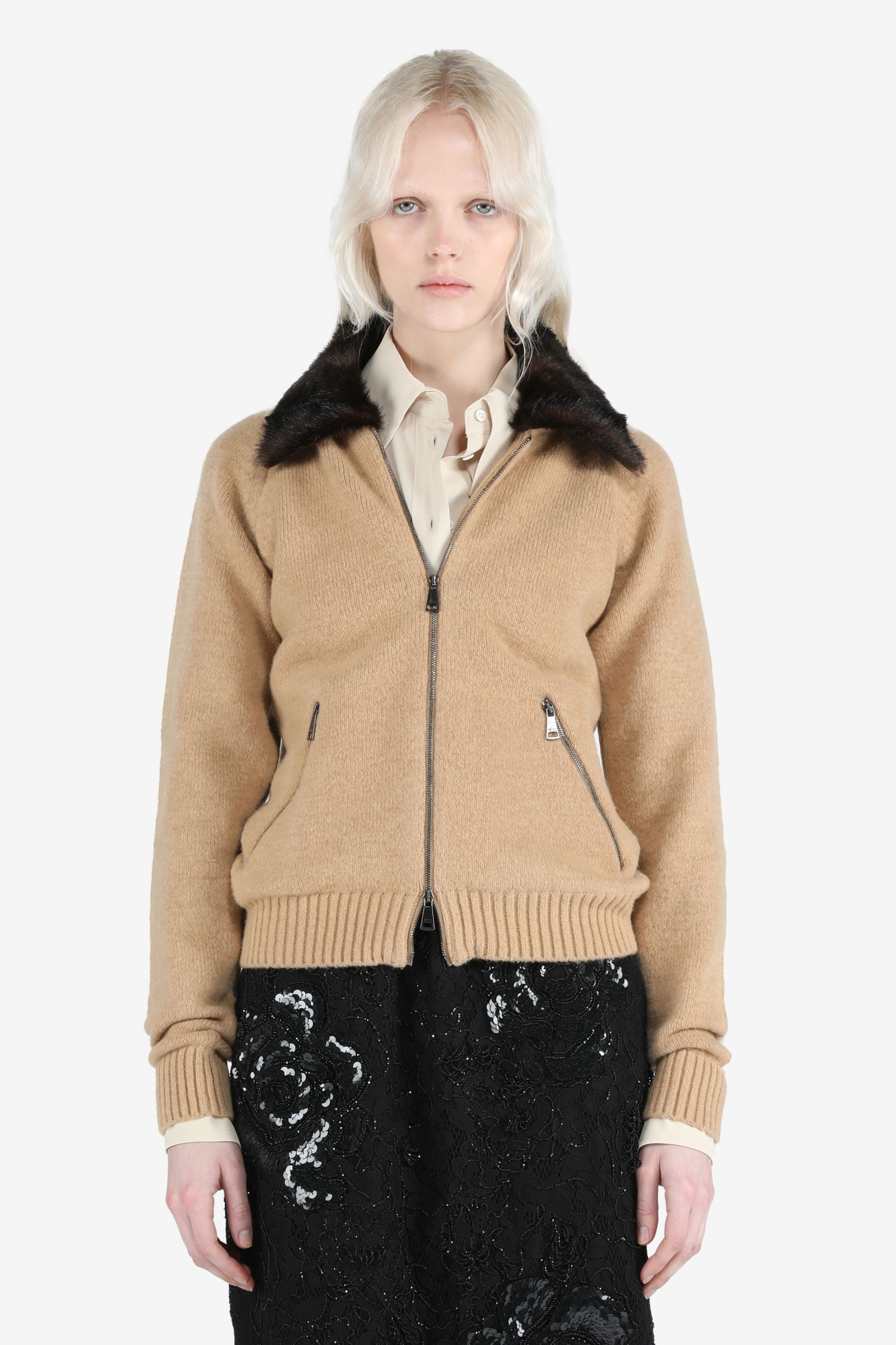 SHEARLING-COLLAR ZIP-UP CARDIGAN - 1