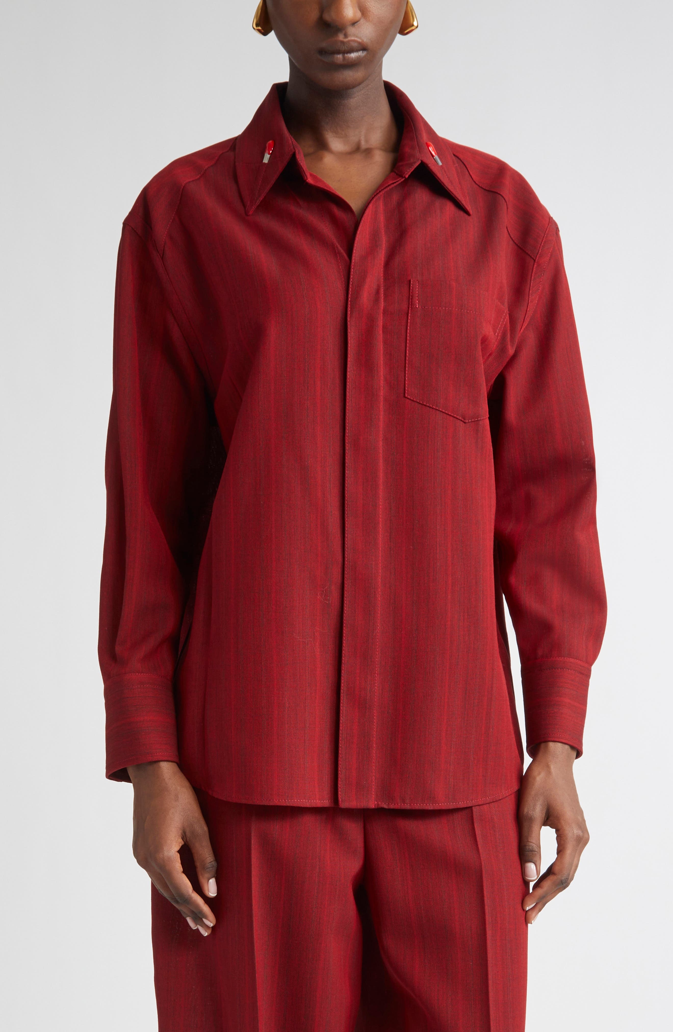 Bottega Veneta Subtle Stripe Wool Blend Button-Up Shirt in 6516 Red/Grey Melange at Nordstrom - 1